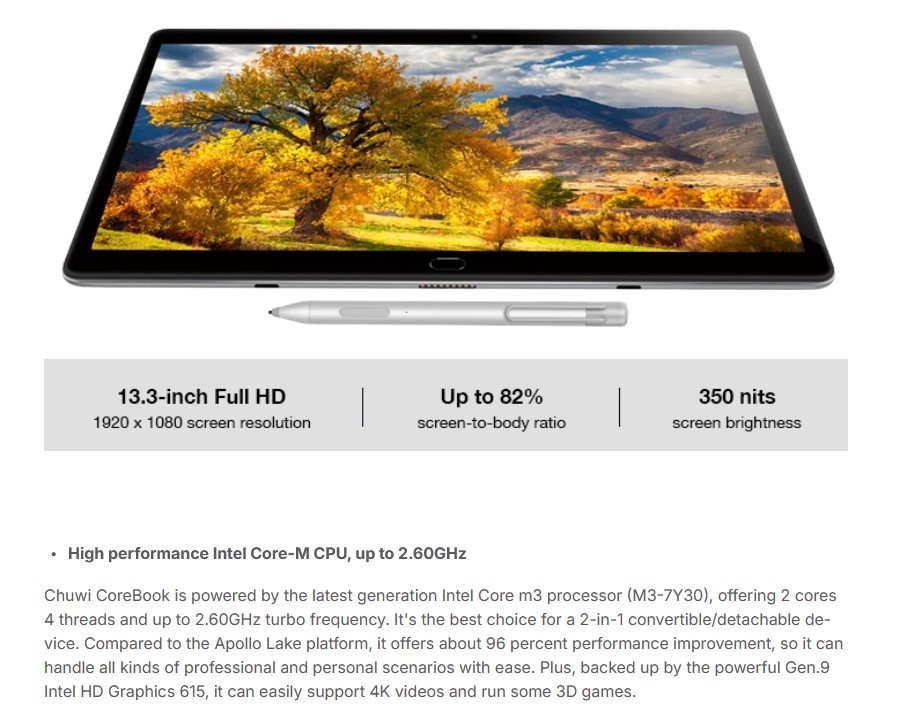 Chuwi CoreBook 13.3″ 2-in-1 Intel Win11 Tablet Laptop 8GB RAM 128GB SSD + Stylus