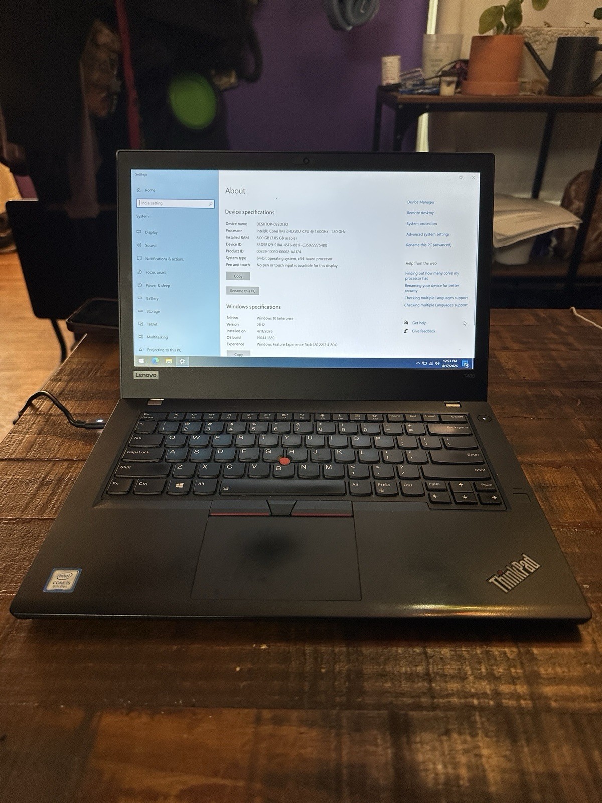 Lenovo Thinkpad T480 Intel i5-8250U 8th Gen 8GB Ram 256GB SSD Win 10 NO BATTERY