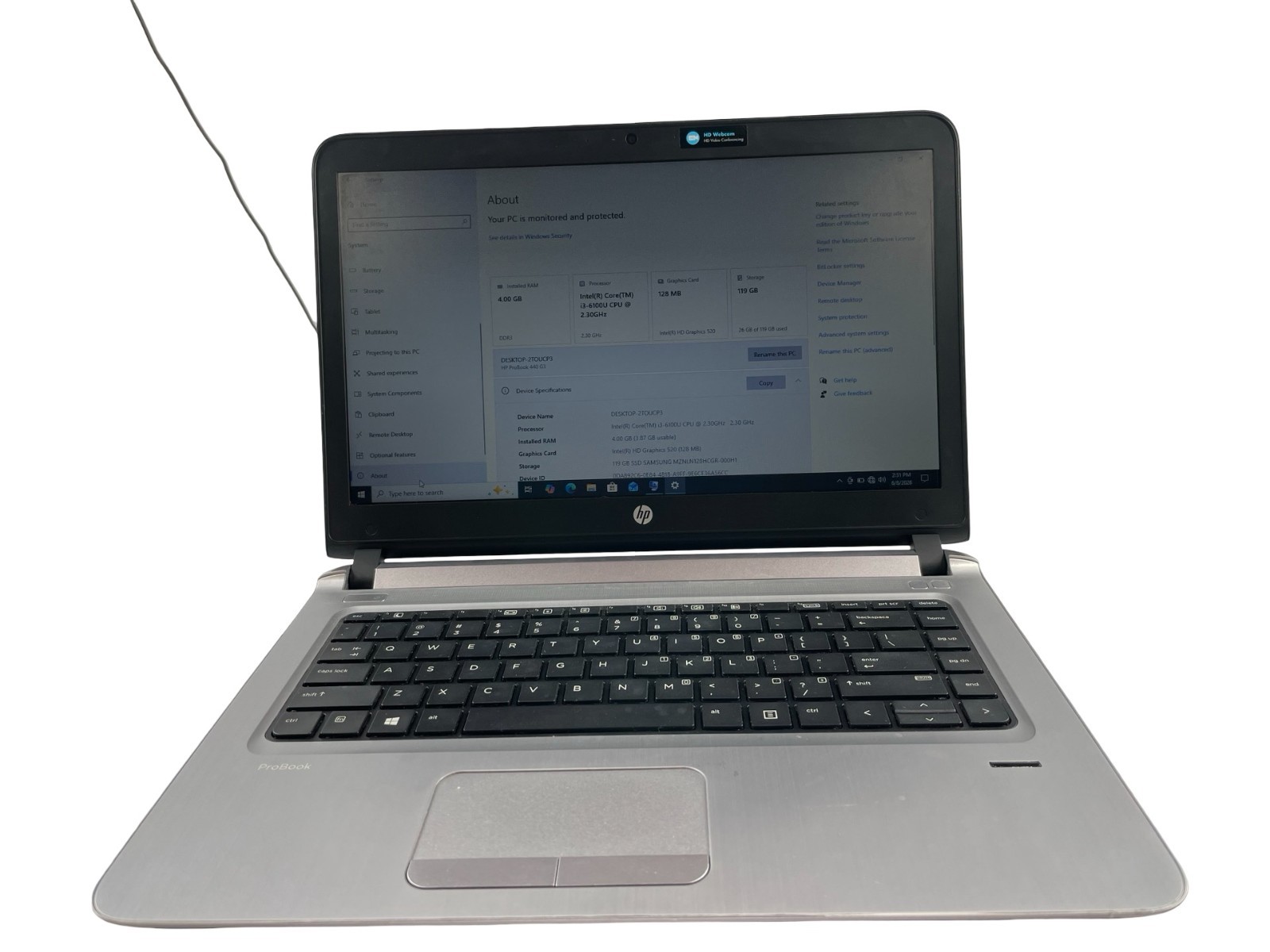 HP ProBook 440 G3 Core i3-6100U@2.30GHz 4GB RAM 128GB SSD Win. 10Pro Exlt. Bttry