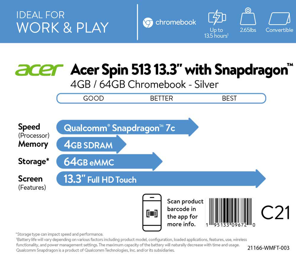 Spin 513 Chromebook, 13.3″ FHD IPS Multi-Touch Corning Gorilla Glass Display, Qu