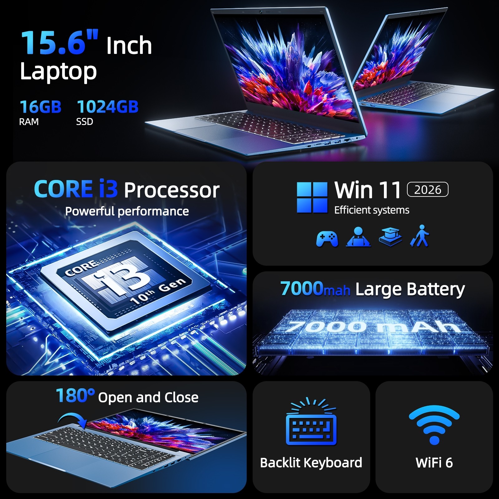 SGIN 15.6″ FHD Laptop, Intel i3-10100Y, 16GB RAM, 1TB SSD, 3.90 Ghz，Win 11, WiFi