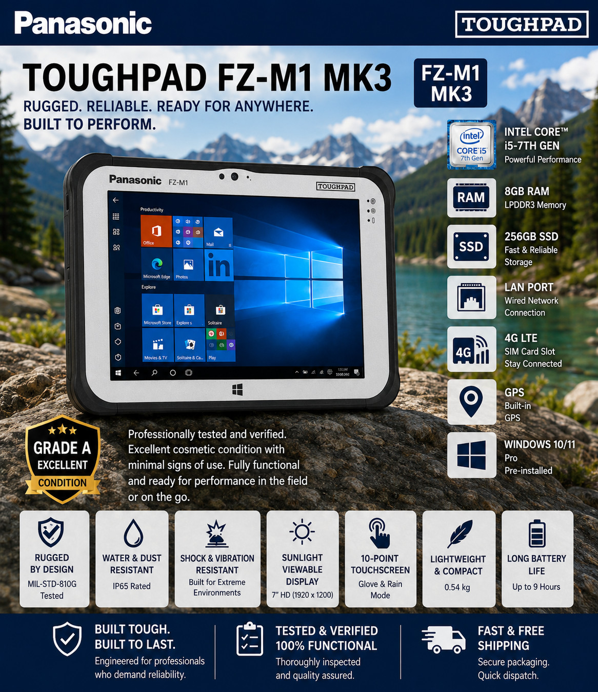 Panasonic ToughPad FZ-M1 MK3 I5 1.2GHz Win 10 8GB, 256GB Tablet LAN RJ45 4G GPS