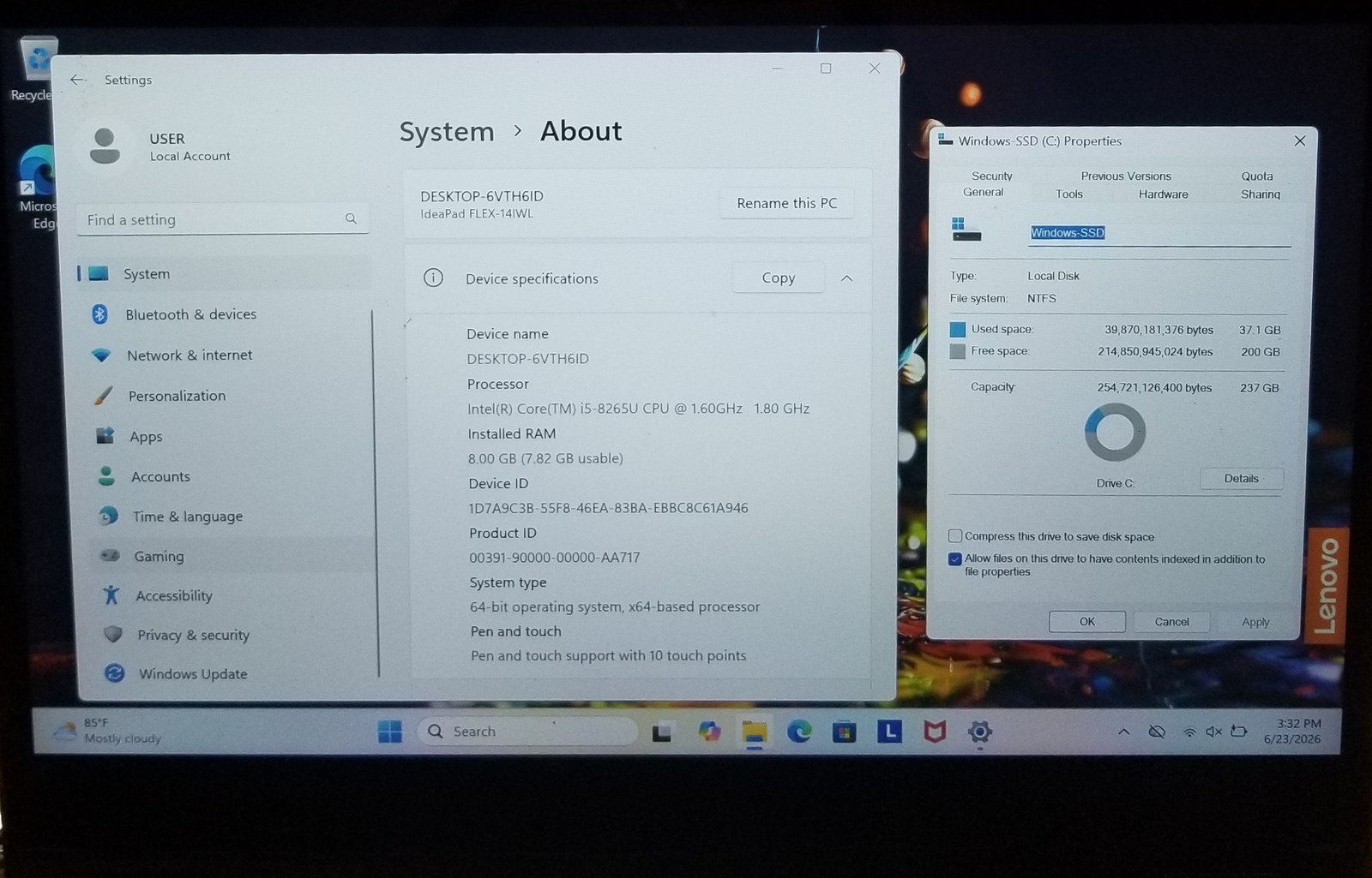 Lenovo IdeaPad Flex 14IWL i5-8265U @ 1.60GHz 8GB 256GB NVMe WIN 11 PRO BAD BATTE