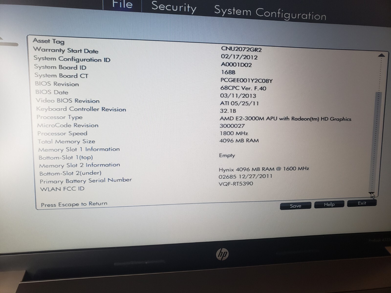 HP ProBook 4535s AMD E2-3000M@1.80ghz, Radeon HD 6380G, 4GB Ram, no HDD