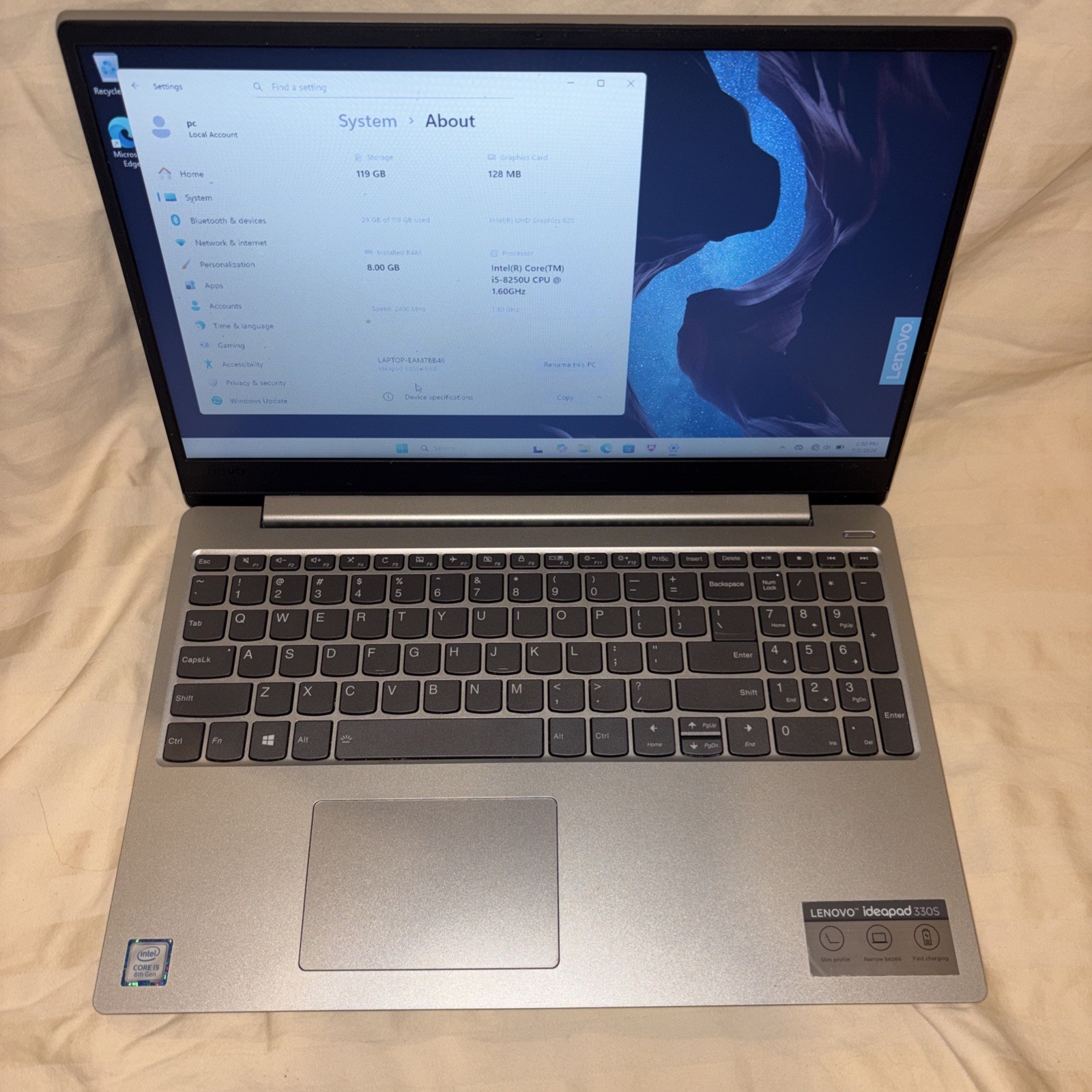 Lenovo Ideapad 330S 81F5 15.6″ FHD Intel i5-8250U 1.60GHz 8GB RAM 120GB HDD W11H