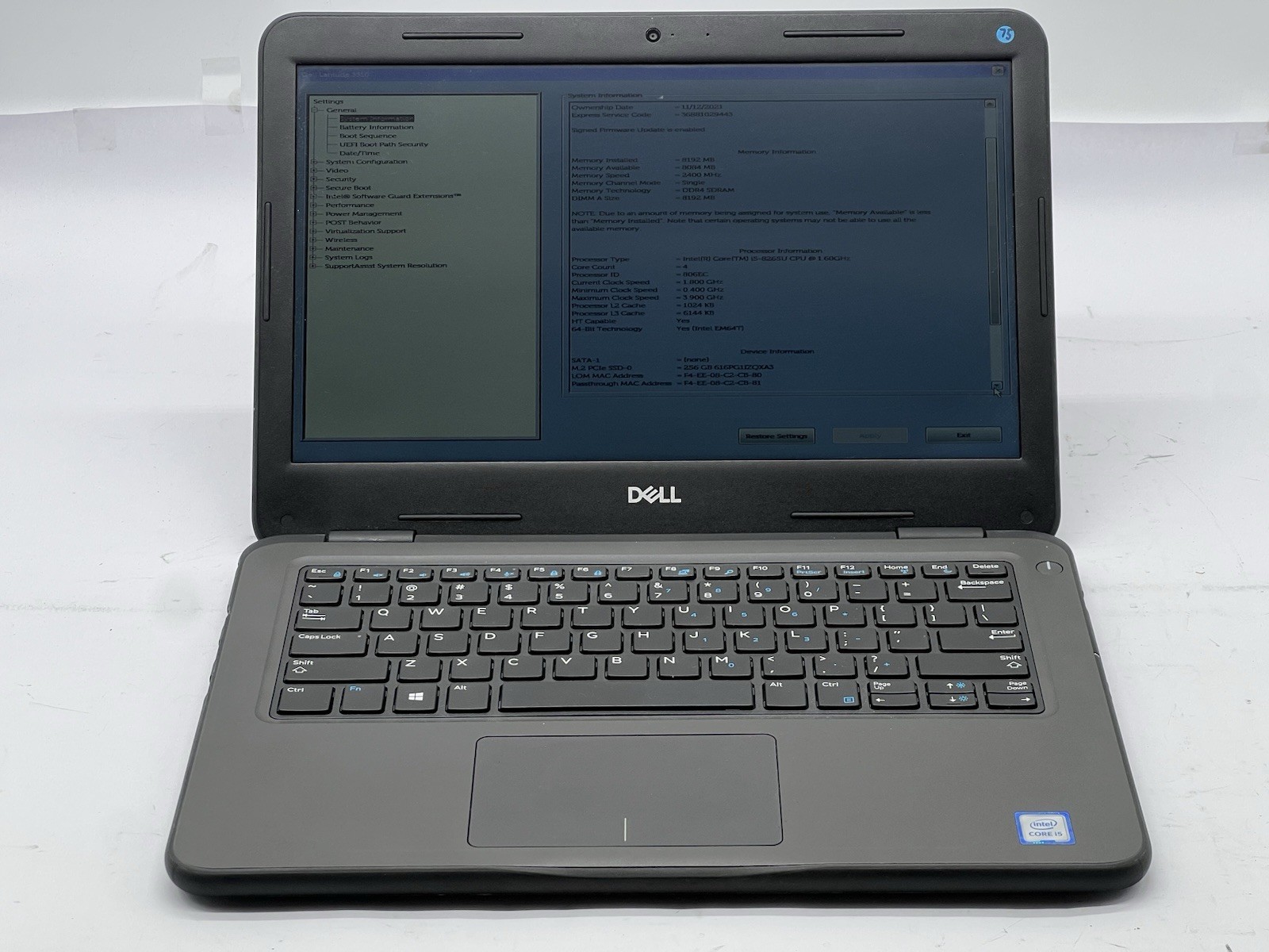 Dell Latitude 3310, i5-8265U CPU, @ 1.60GHz, 8GB RAM, 256GB NVMe-No OS/Adapter