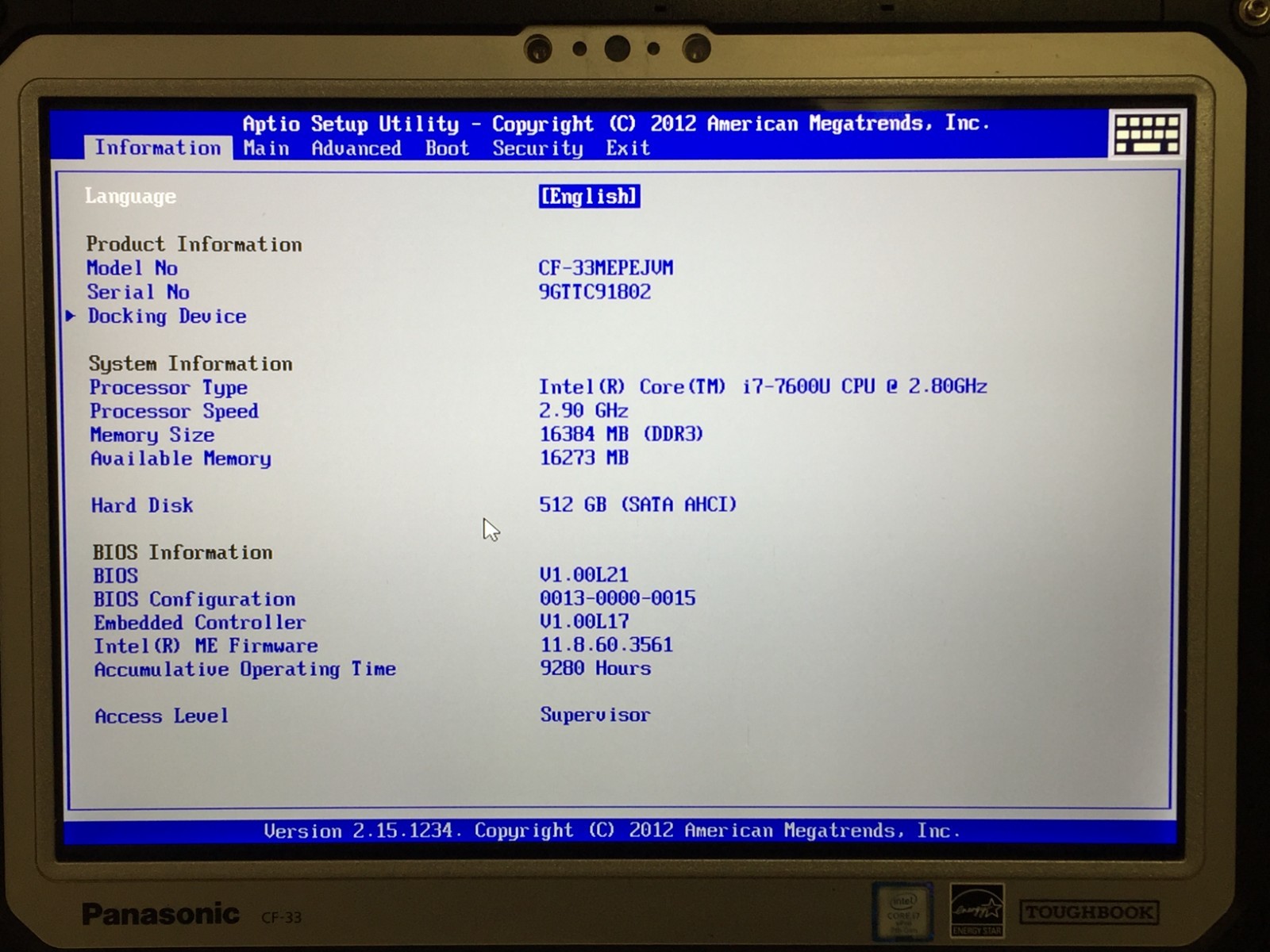 Panasonic Toughbook CF-33 Touch 2.8GHz i7-7600U 16GB 512GB SSD 4G LTE KB. w/AC #