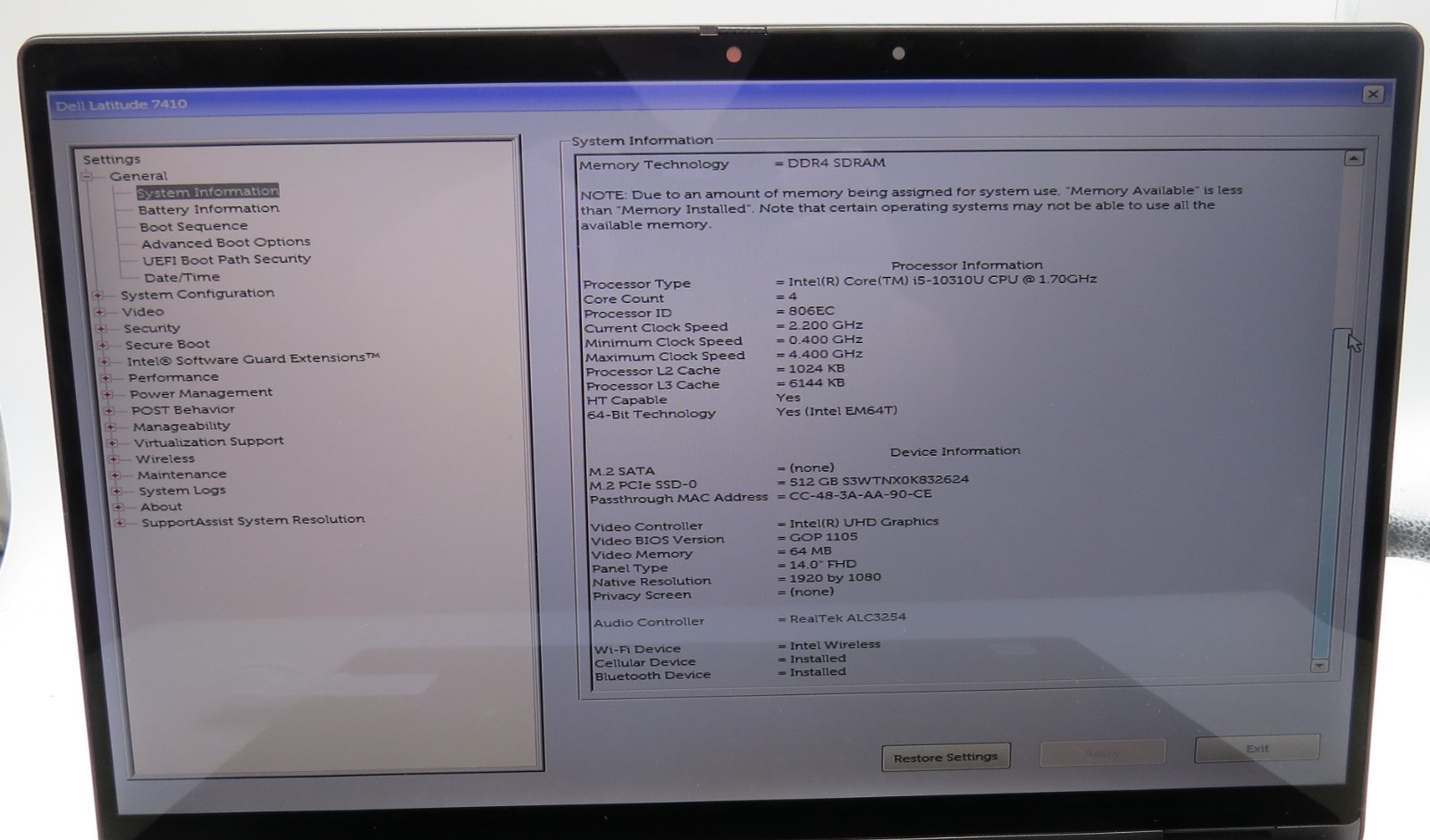 Dell Latitude 7410 Touch _ i5-10310U @ 1.7 _ 16GB RAM _ 512GB SSD _ W11P