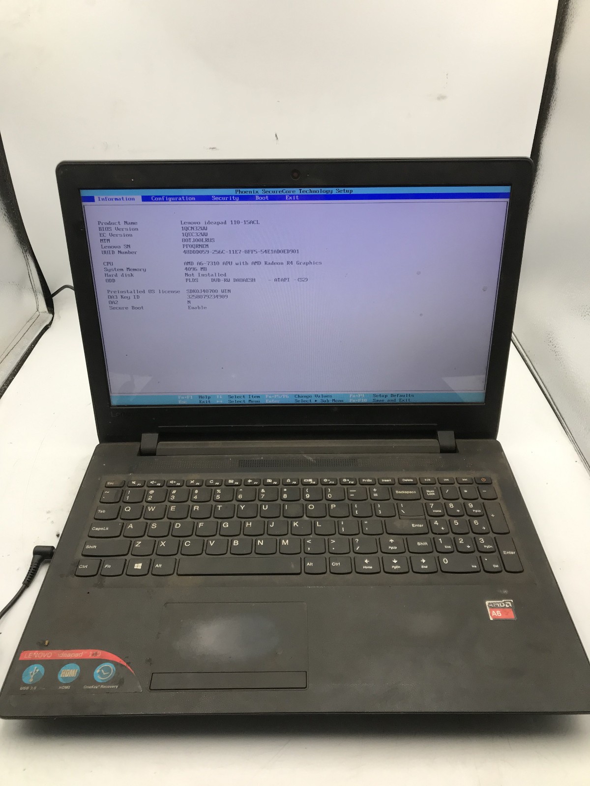 LENOVO IDEAPAD 110 15ACL – BOOTS TO BIOS – AMD A6 7310 – 4GB RAM – READ DESC -BB