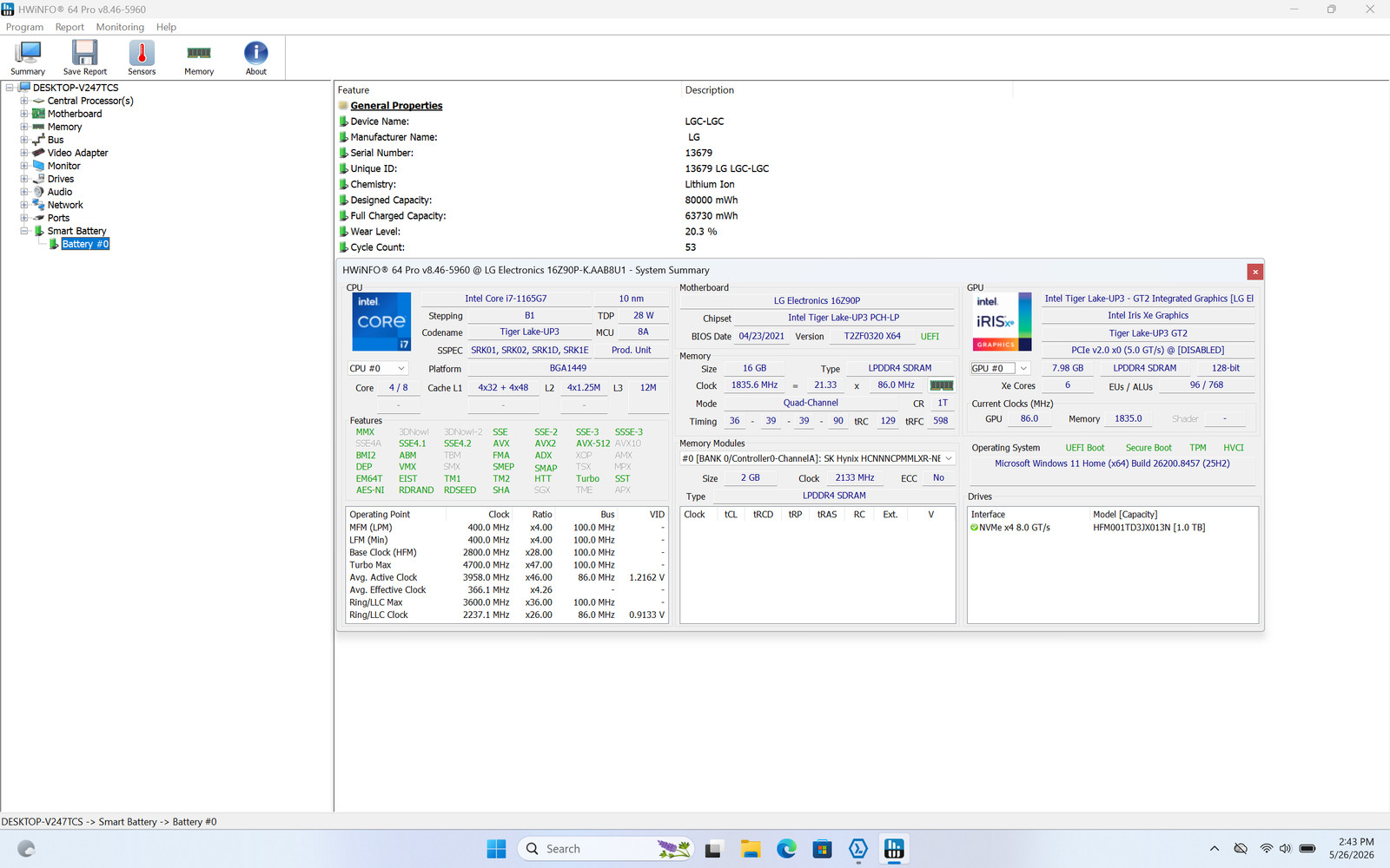 LG Gram 16 16Z90P 16in 2560×1600 i7-1165G7 16GB 1TB SSD Win11 Home