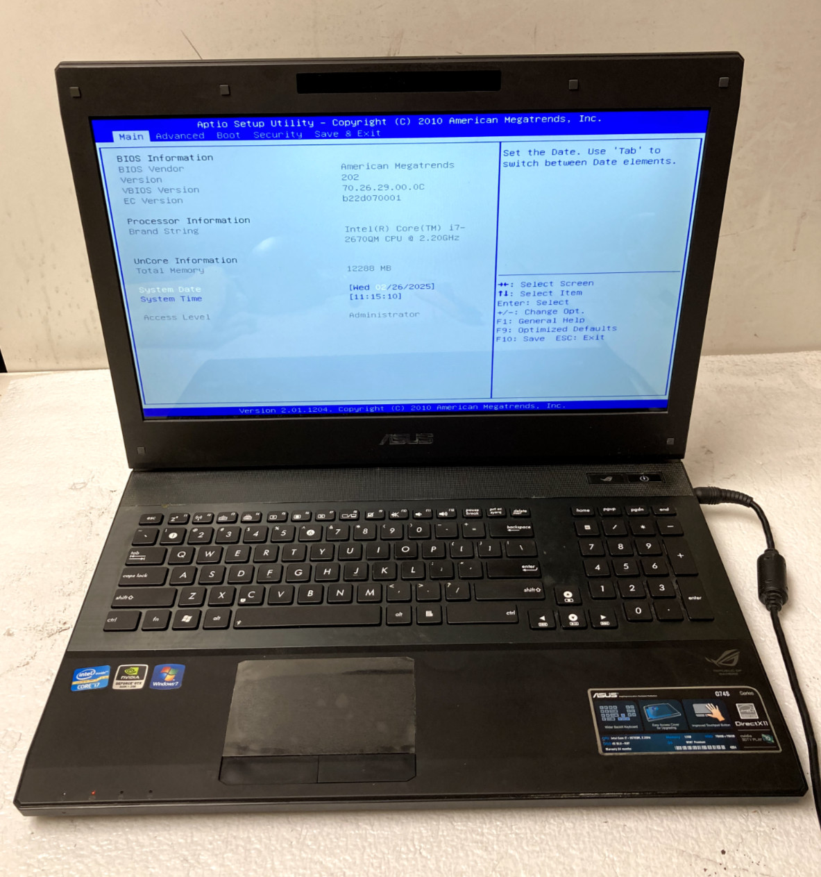 Asus G74S 17.3″ Intel i7-2670QM @2.20GHz 12GB RAM NO HDD W/ Caddy Parts *READ