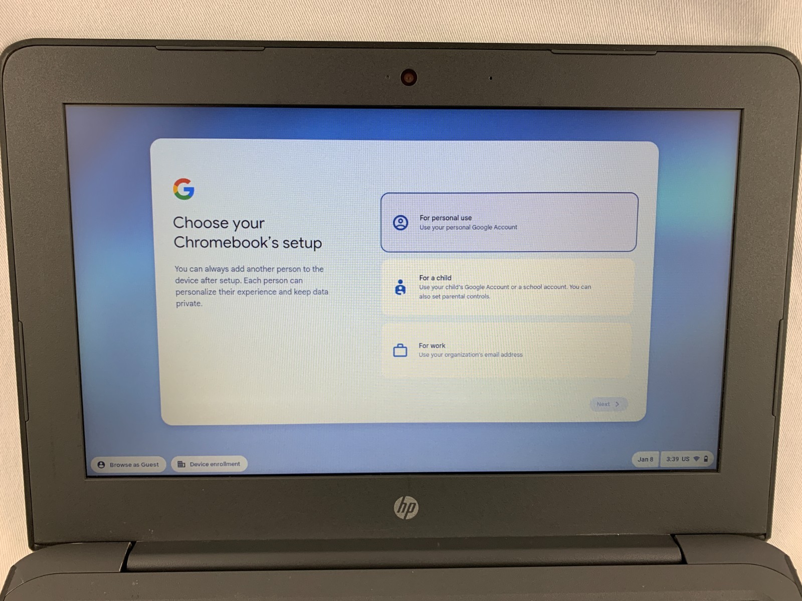HP Chromebook 11 G6 EE, Intel Celeron N3350 2.4GHz, 4GB RAM, 92% Battery