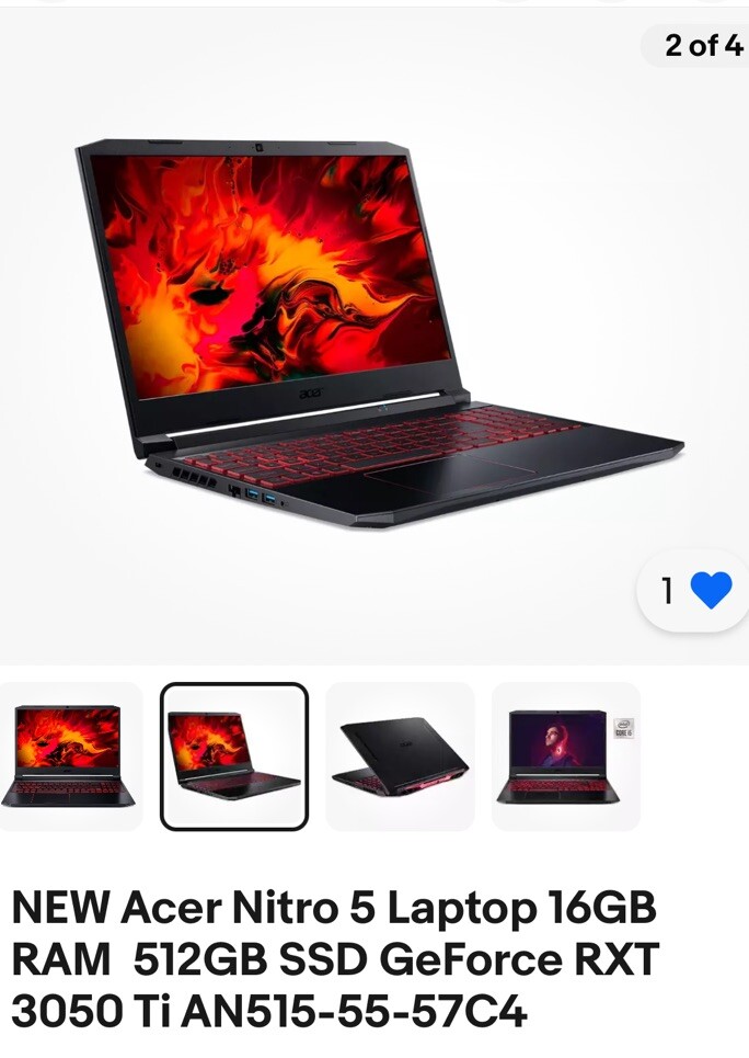 Acer An515-55 Nitro 15.6” 144 Hz 16 Gb ram 512 Gb SSD i5-10300H 2.5Ghz 3050 ti