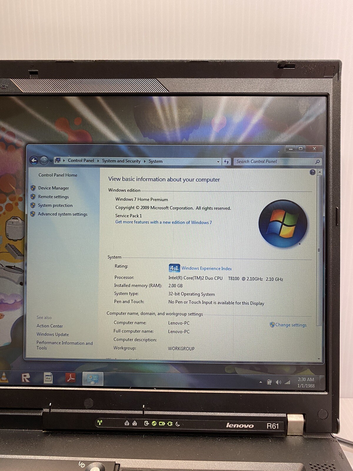 Lenovo ThinkPad R61 15″ Laptop Intel Core 2 Duo 2GB RAM 80GB HDD Windows 7
