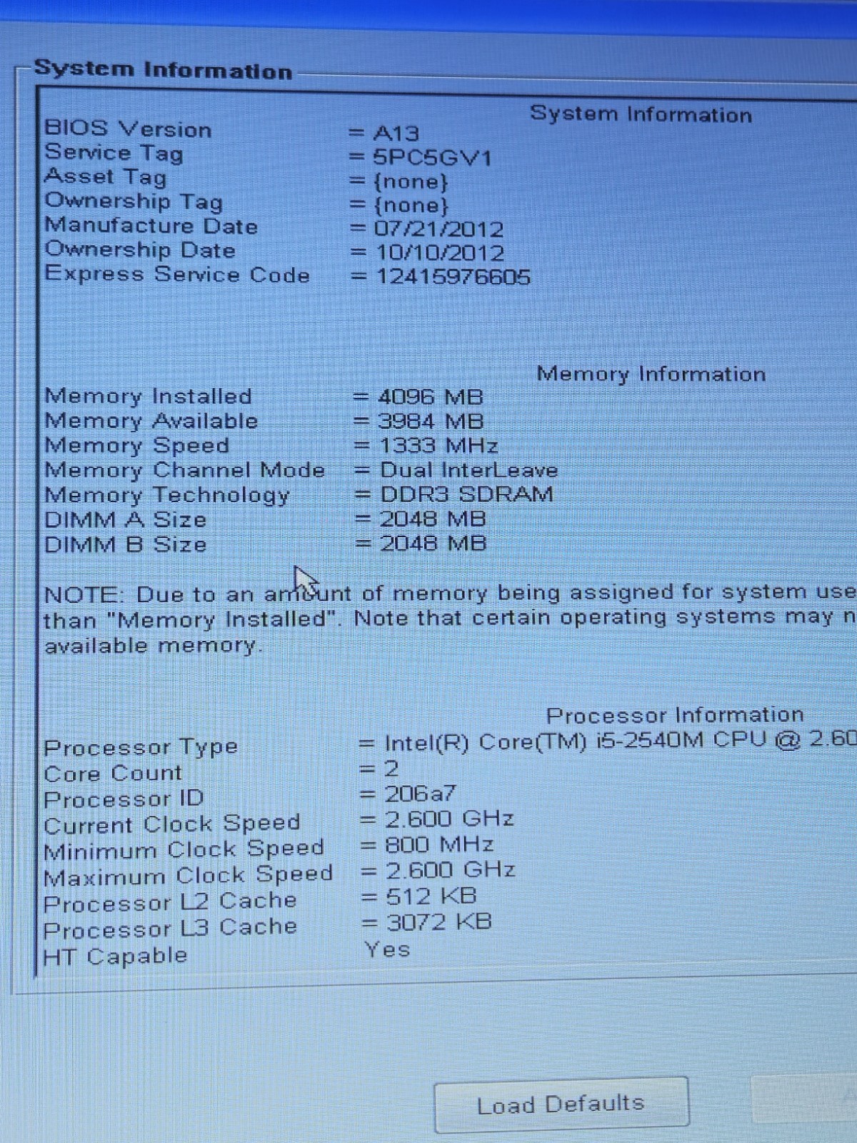 Dell Latitude E6420 Intel Core i5-2520M 2.40GHz, 4GB RAM. No HDD. Boot to BIOS.