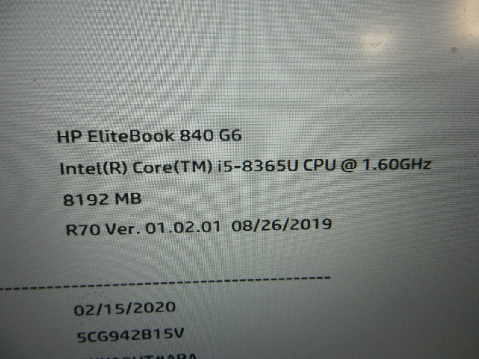 HP EliteBook 840 G6 Intel Core i5-8365U @ 1.60GHz / 8GB RAM / NO HDD !