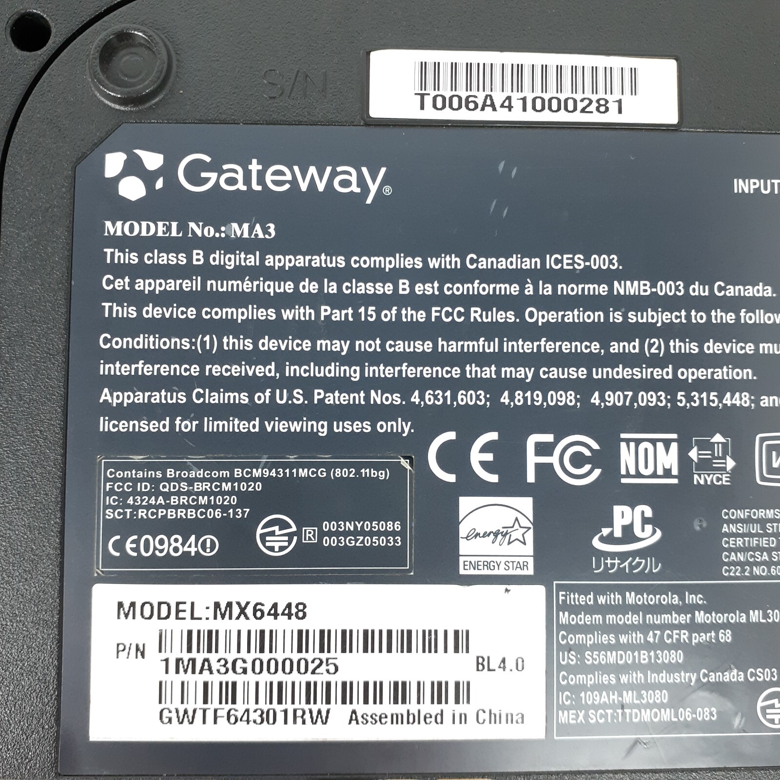 Gateway MA3 MX6448 15.4″ AMD Turion 64X2 No HDD No RAM For PARTS Or REPAIR