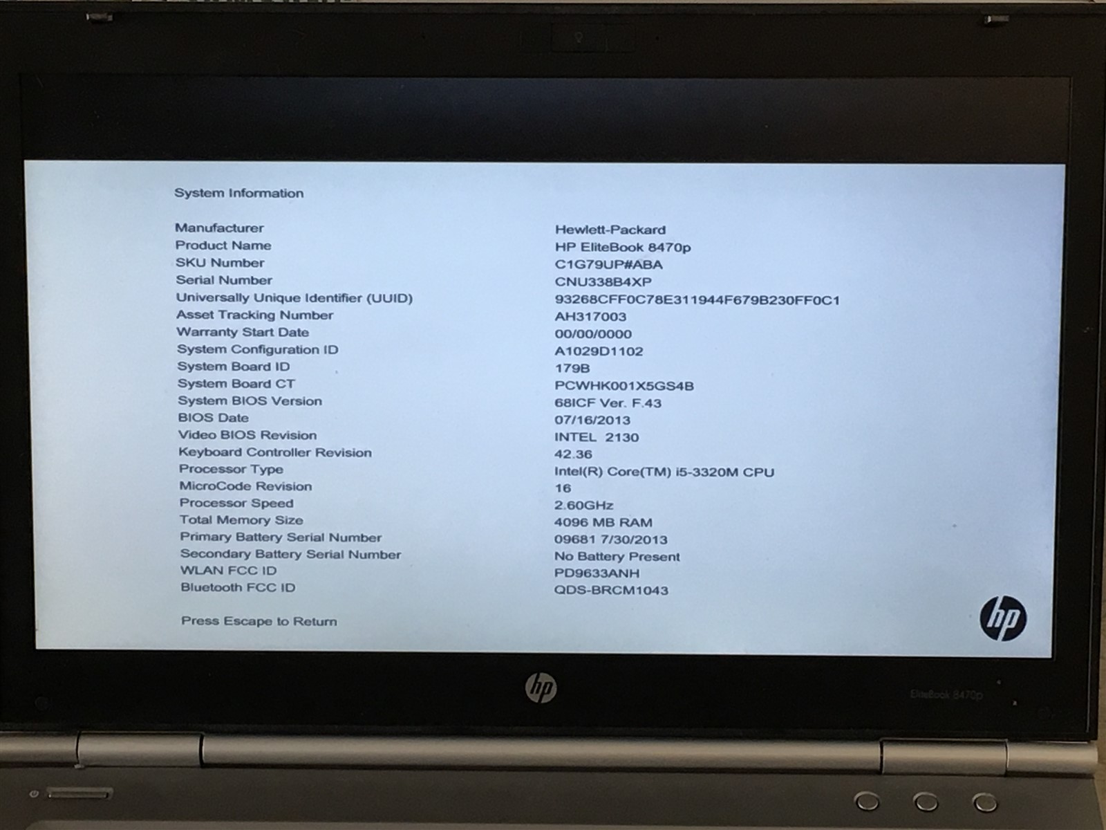 HP EliteBook 8470p Laptop i5-3320M 2.60GHZ 4GB No HDD 14″
