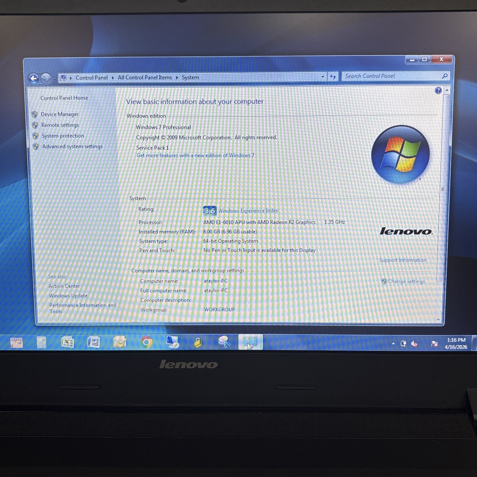 Lenovo B50-45 Laptop AMD E1 8GB RAM 300GB HDD Win 7 Pro