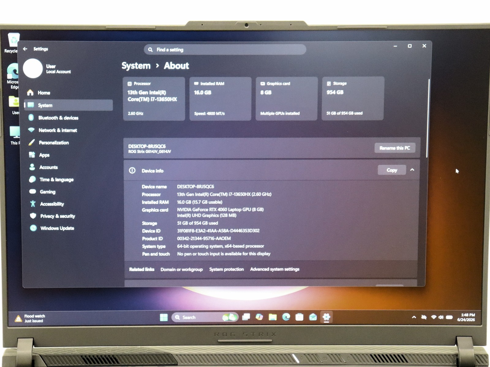 ASUS ROG Strix G614J 16″ Core i7-13650HX 16GB RAM 1TB NVMe GeForce RTX 4060 W11H
