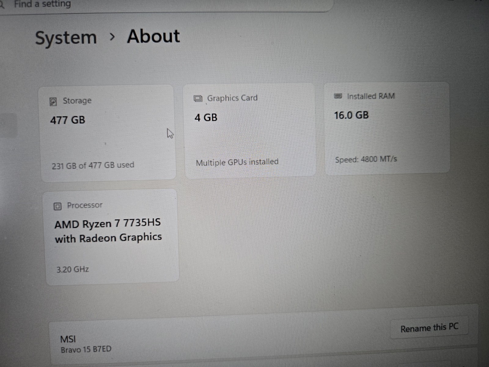 MSI Bravo 15 B7ED Laptop 15.6″ Ryzen 7-7735HS, 3.20GHz, 16GB RAM, 477GB NVMe SSD
