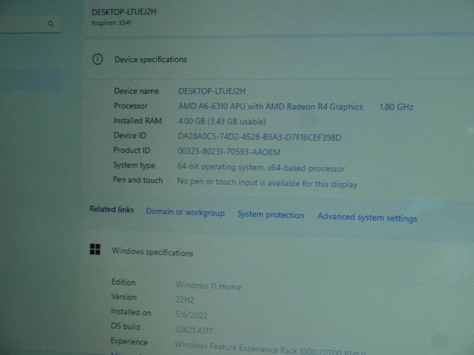 Dell Inspiron 3541 15.6″ Laptop – AMD A6-6310 / 4GB / 500GB HDD – New Battery