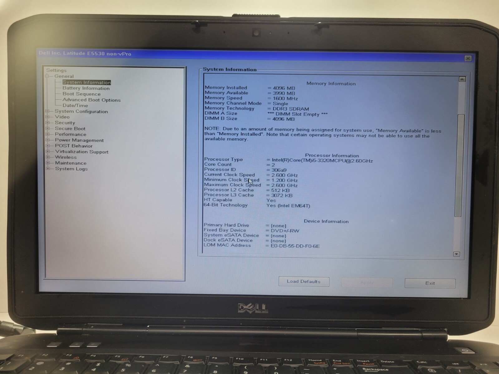 Dell latitude E5530 w/i5-3320M, 4GB RAM Laptop for Parts/Repair #0237