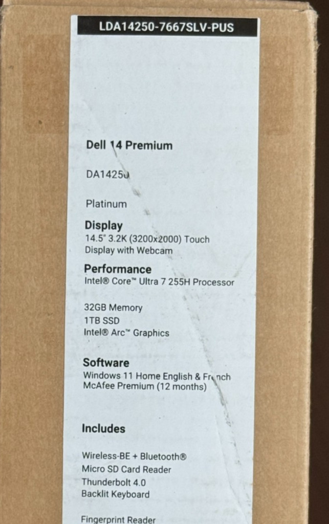 Dell 14 Premium 14.5″ 3.2K OLED Touch Laptop Ultra 7 255H 32GB RAM 1TB SSD Wty