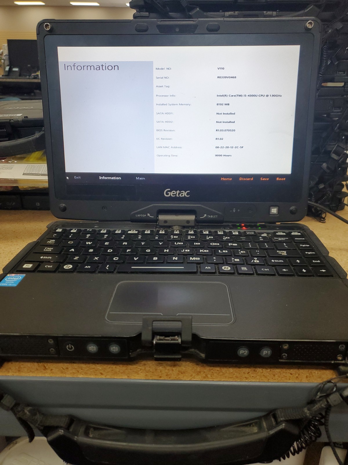 GETAC V110 Laptop Tablet Touch Screen i5-4300U 1.90GHz 8gB No HDD 9990hrs