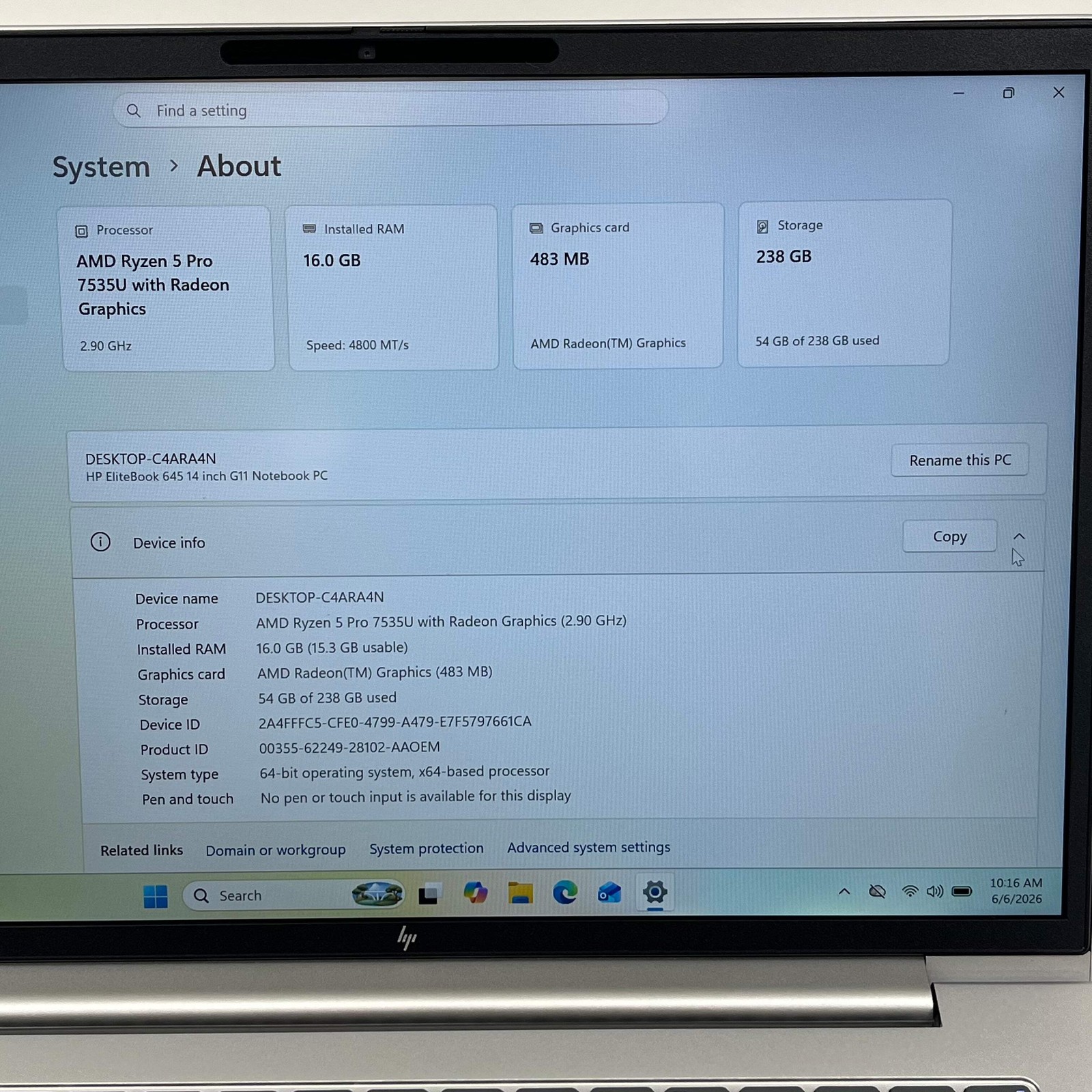 HP EliteBook 645 G11 14″ Ryzen 5 Pro 7535U 2.9GHz 16GB RAM 256GB SSD