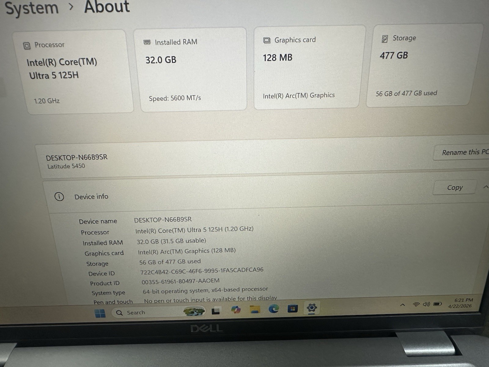 Dell Latitude 5450 – Core Ultra 5 125H – 32GB RAM – 512GB SSD