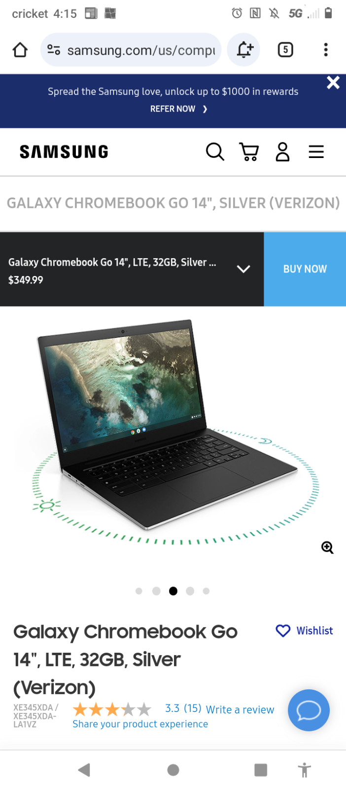 Samsung Galaxy Chromebook Go 14 in Intel Celeron 4GB RAM 32GB SSD Laptop -…