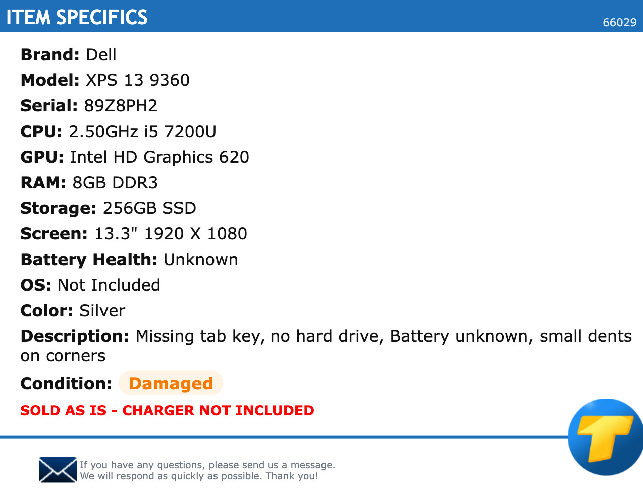 Dell XPS 13 9360 – 13.3″ FHD, 2.50GHz i5, 8GB RAM, 256GB SSD