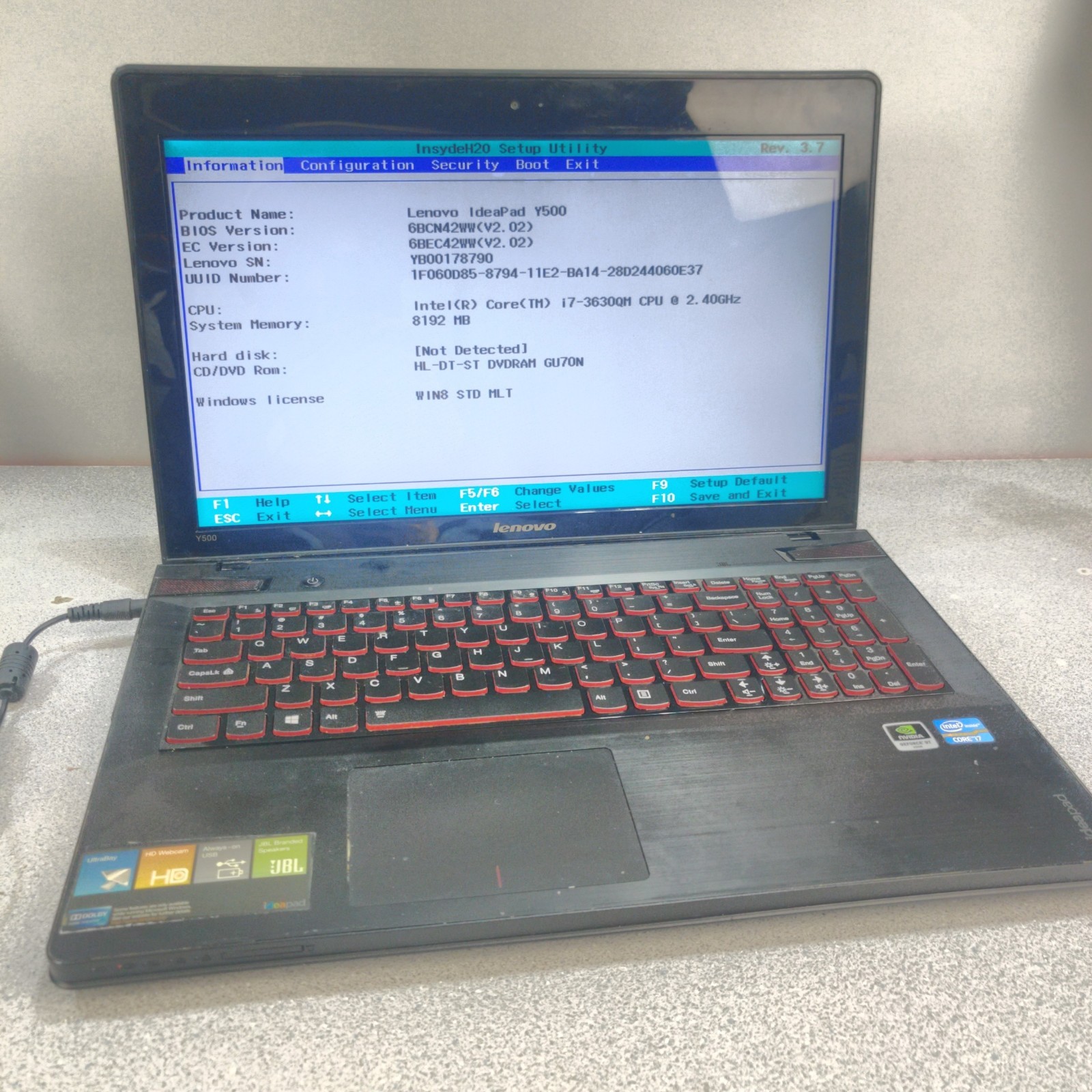 LENOVO IDEAPAD Y500 Gaming Laptop i7-3630QM 8GB RAM GT 650M NO HDD/CHARGER