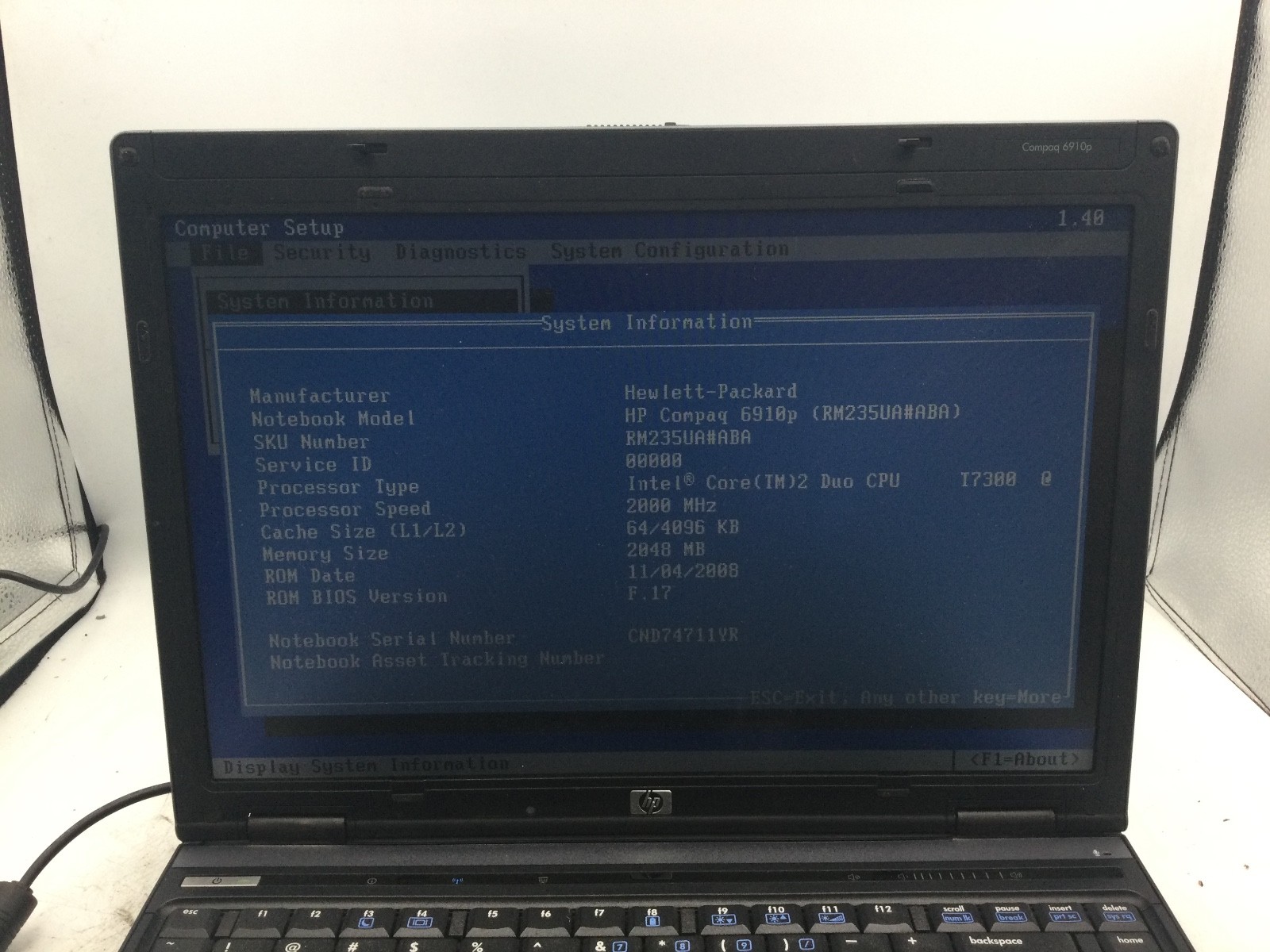 HP COMPAQ 6910P – BOOTS TO BIOS – INTEL CORE 2 DUO – NO RAM – READ DESCRIP – BB