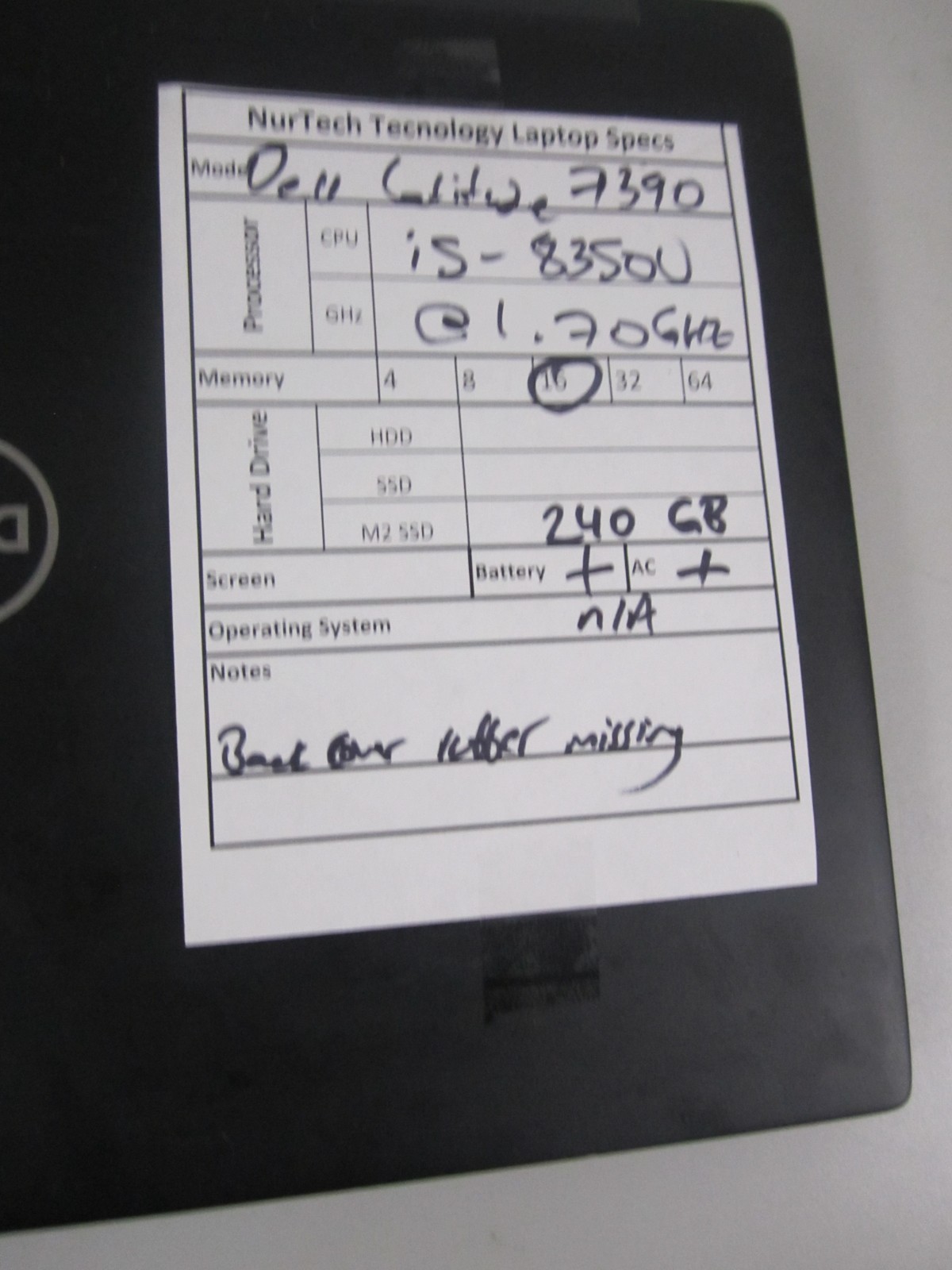 Dell Latitude 7390 i5-8350U 1.70Ghz 16GB 240M2SSD Laptop NO OS w/AC READ