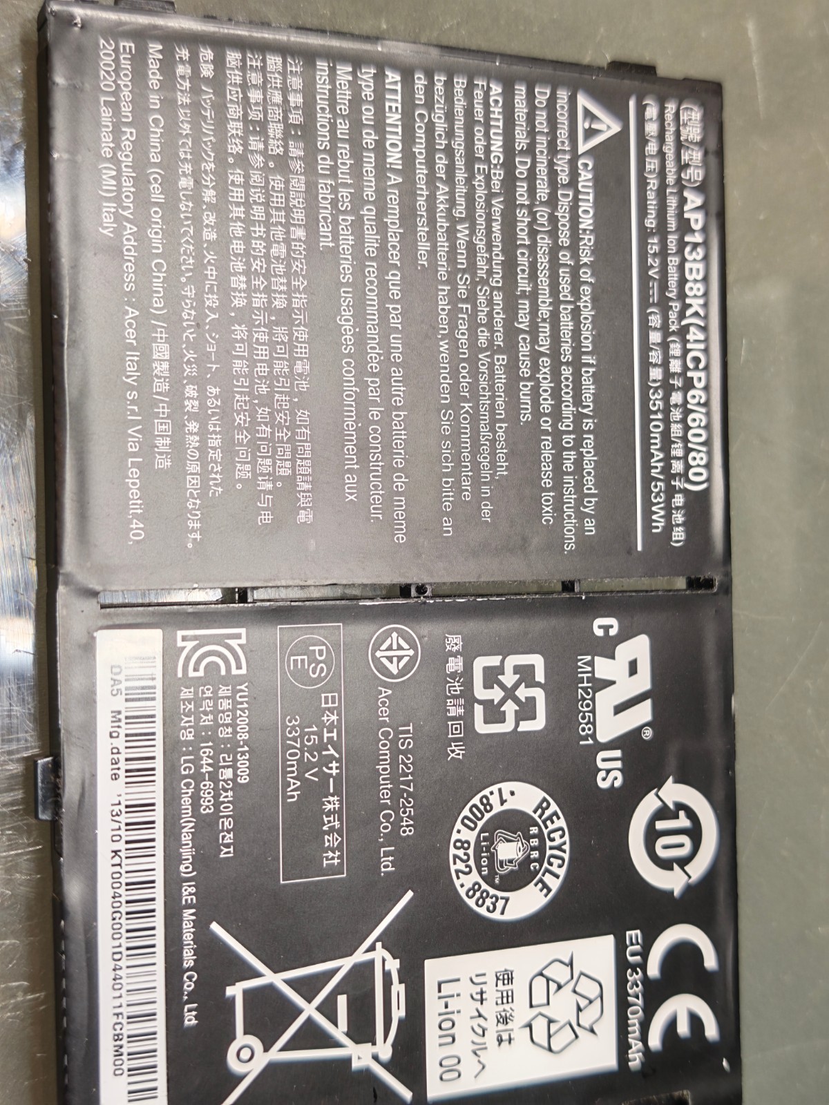 ACER BATTERY AP13B3K 15.V 3560mAh 53Wh ORIGINAL 83% #