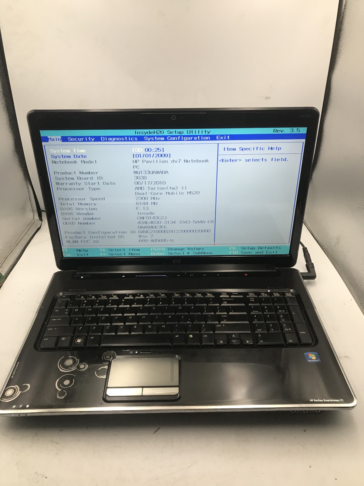 HP PAVILION DV7 3173NR – BOOTS TO BIOS – AMD TURION II – 6GB RAM – READ DESC -BB