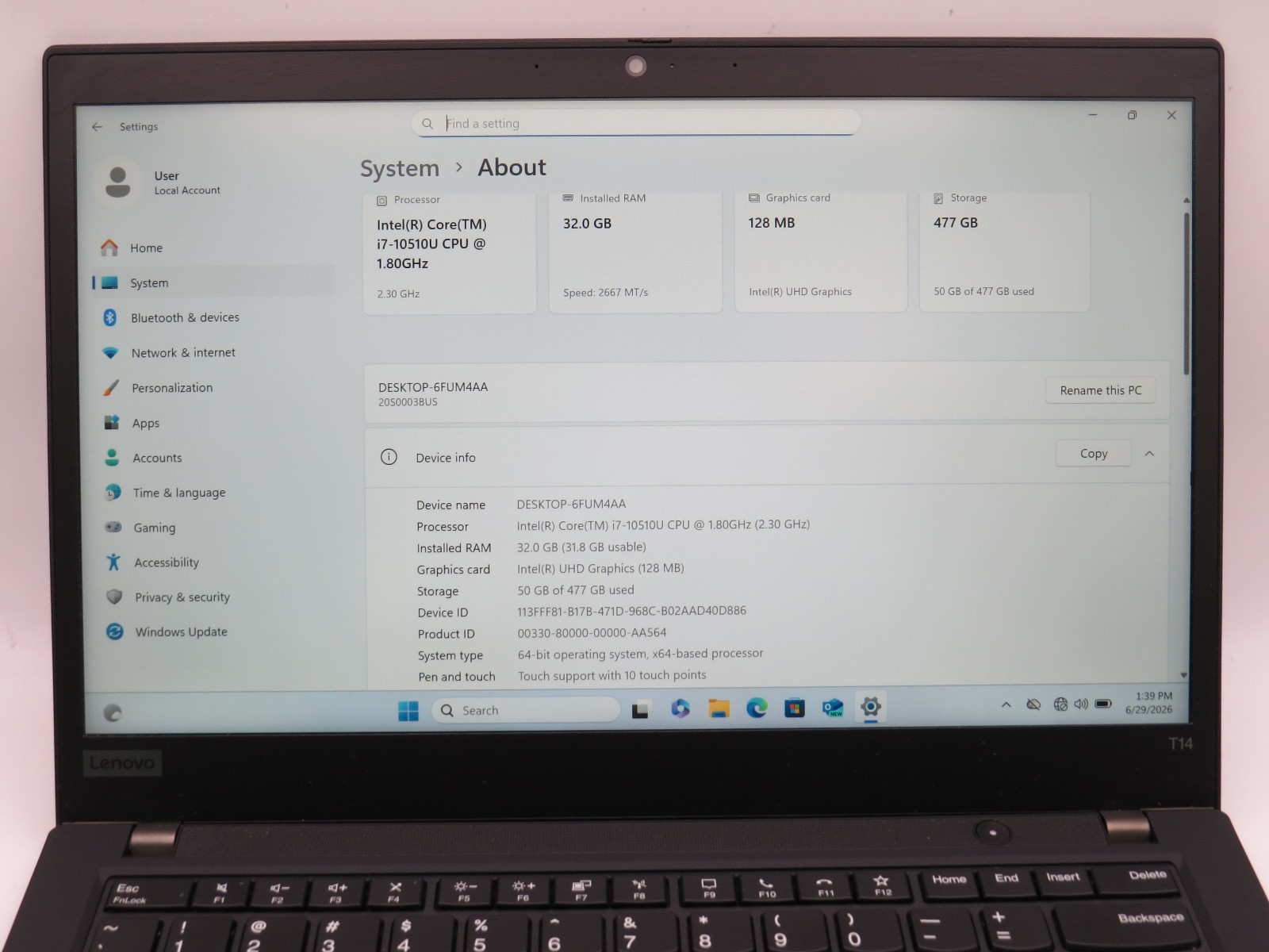 Lenovo ThinkPad T14 G1 i7-10510U 16GB DDR4 512GB m2 14″ Touch Win11 Pro