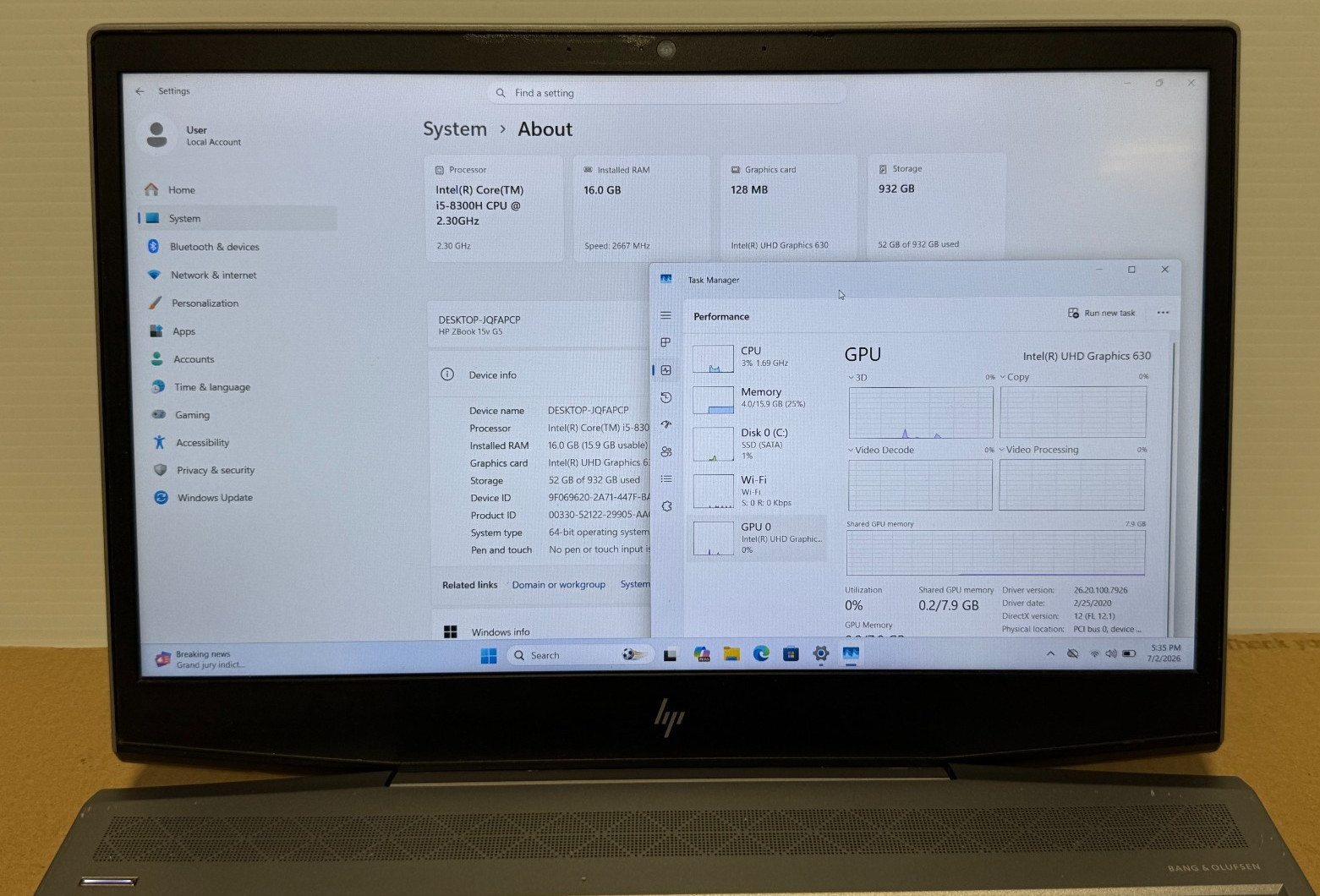 Hp ZBOOK 15v G5 i5-8300H 2.30Ghz 16GB 1TBSSD Win 11 Pro