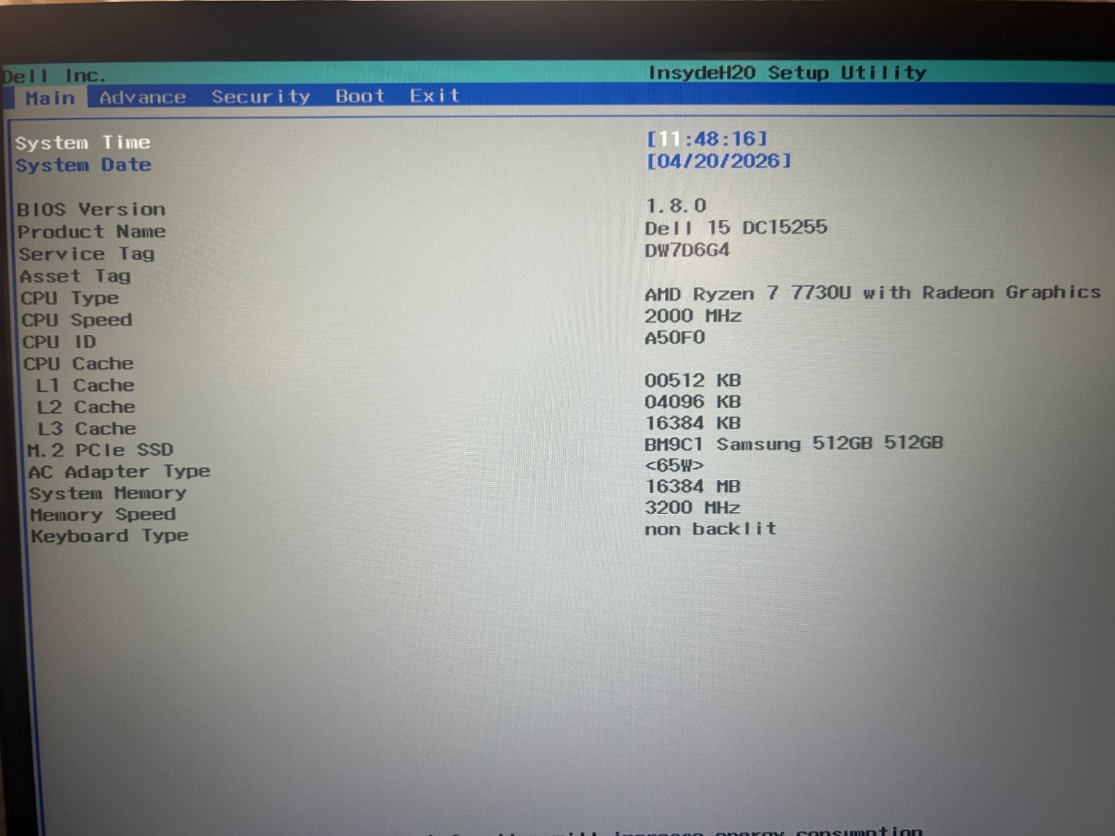 DELL 15 DC15255 G8MK9, AMD Ryzen 7 7730U, 2.00 GHz, 16 GB RAM, 512 GB NVMe