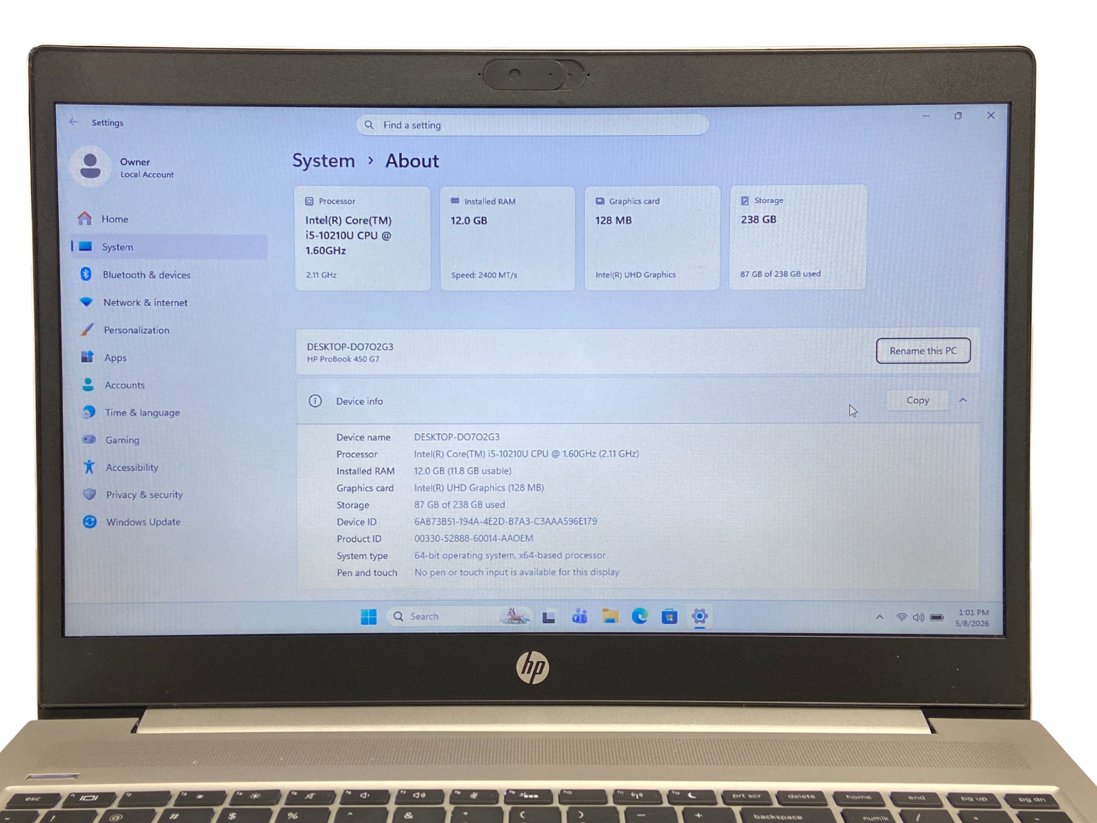 HP ProBook 450 G7 15.6″ i5-10210U 12GB RAM 256GB NVMe SSD Windows 11 Pro (READ)