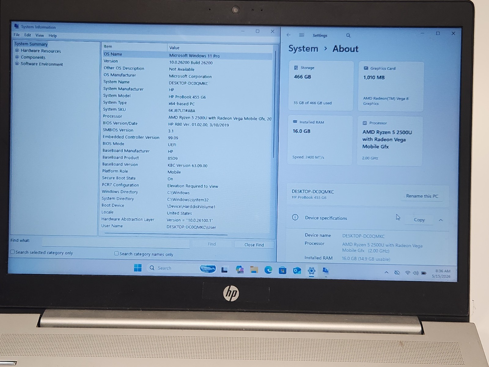 HP ProBook 455 G6 15″ AMD Ryzen 5 2500u 2.0Ghz 16GB RAM 512GB SSD W11P *READ*