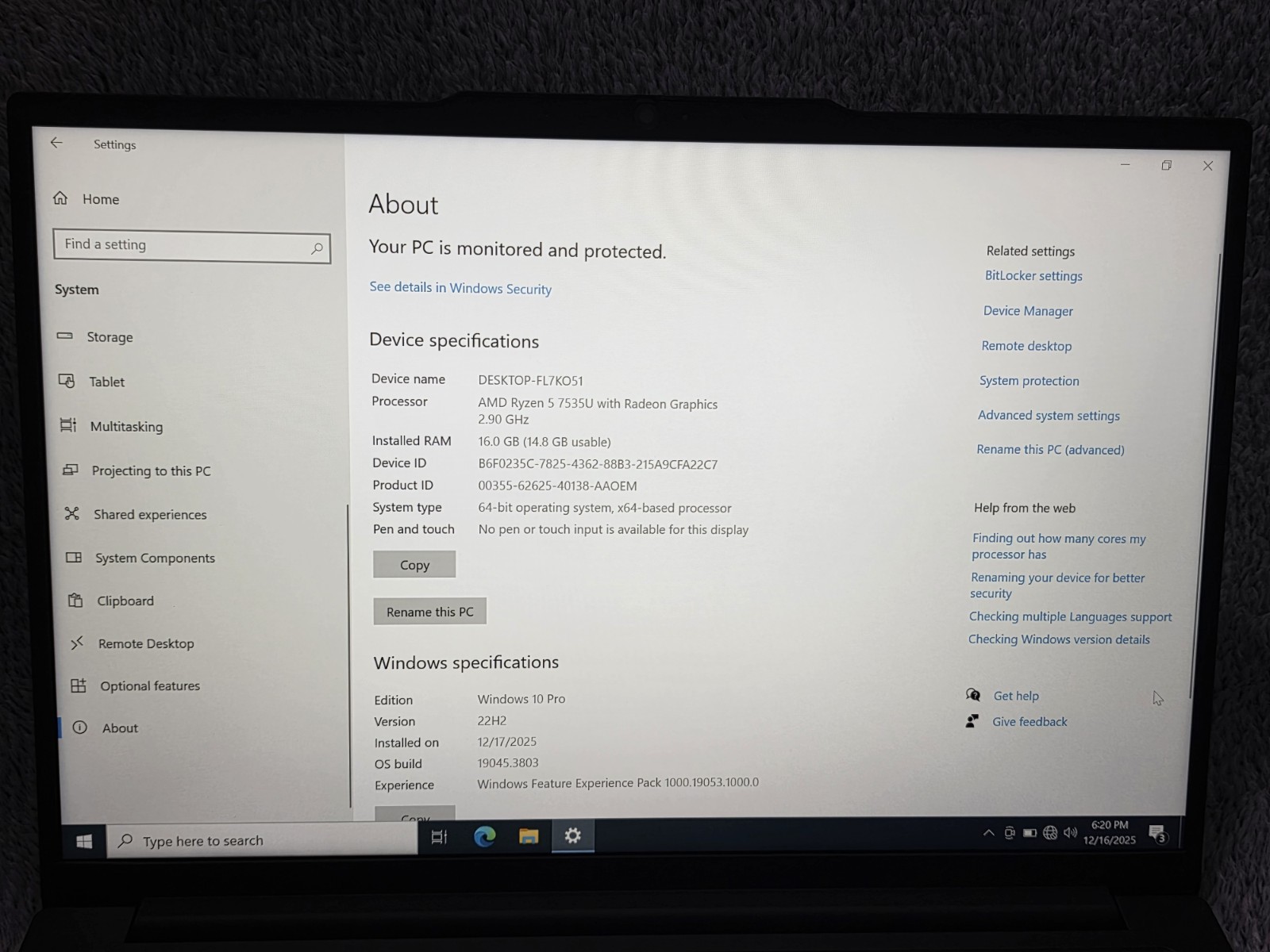 Lenovo ThinkPad E14 Gen 6 FHD+ 2.9 GHz Ryzen 5 7535U 8GB 256GB SSD Excellent