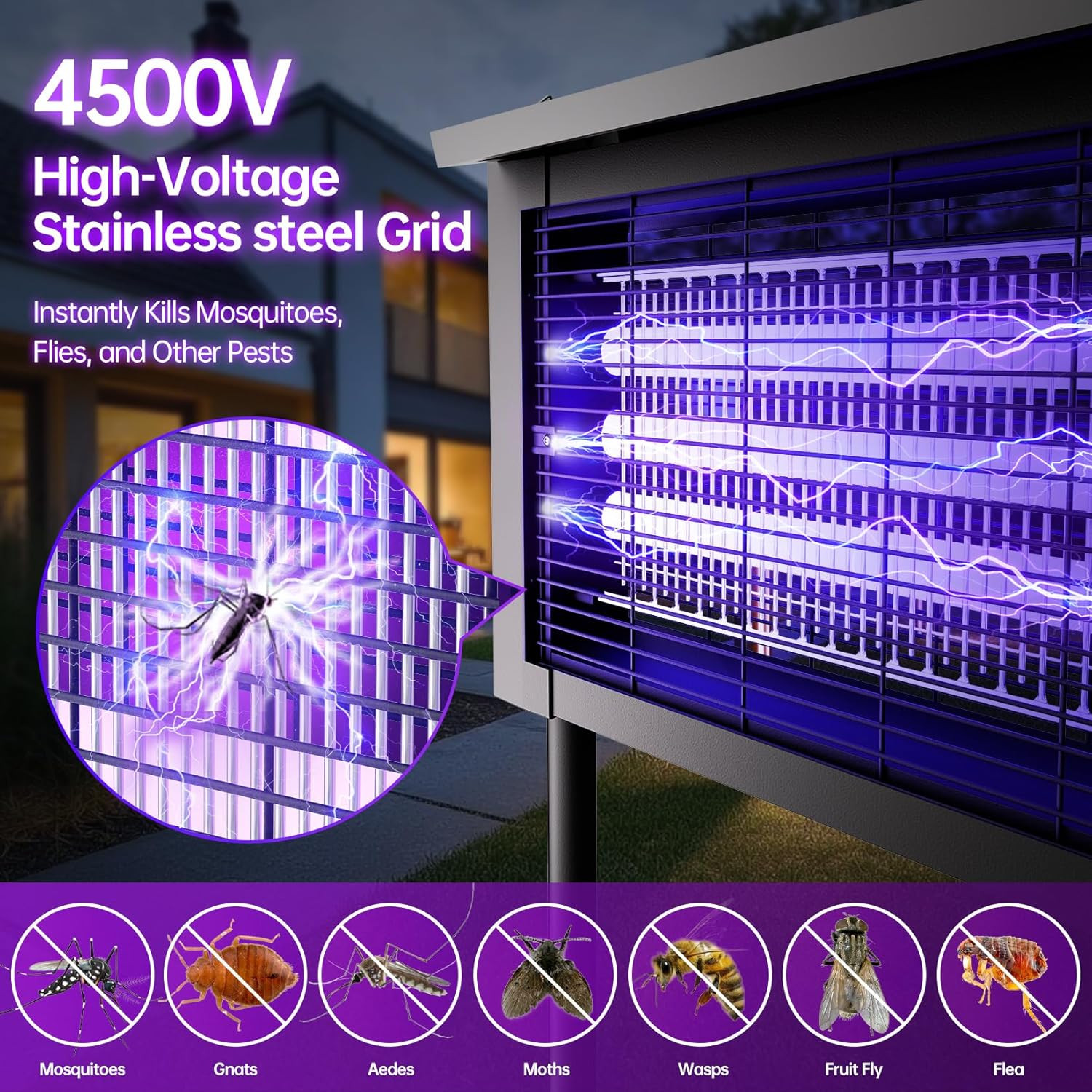 Solar Powered Mosquito Zapper, 4500V Outdoor Bug Zapper with 15W Solar Panel, Wa