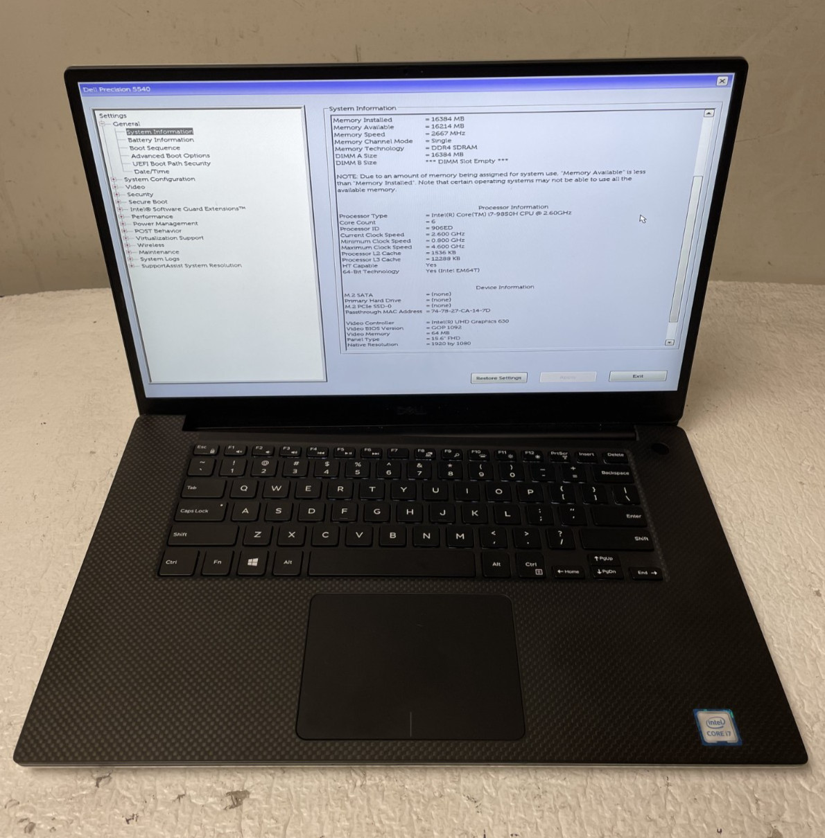 Dell Precision 5540 15.6″ Intel Core i7-9850H @2.60GHz 16GB RAM NO SSD Part READ