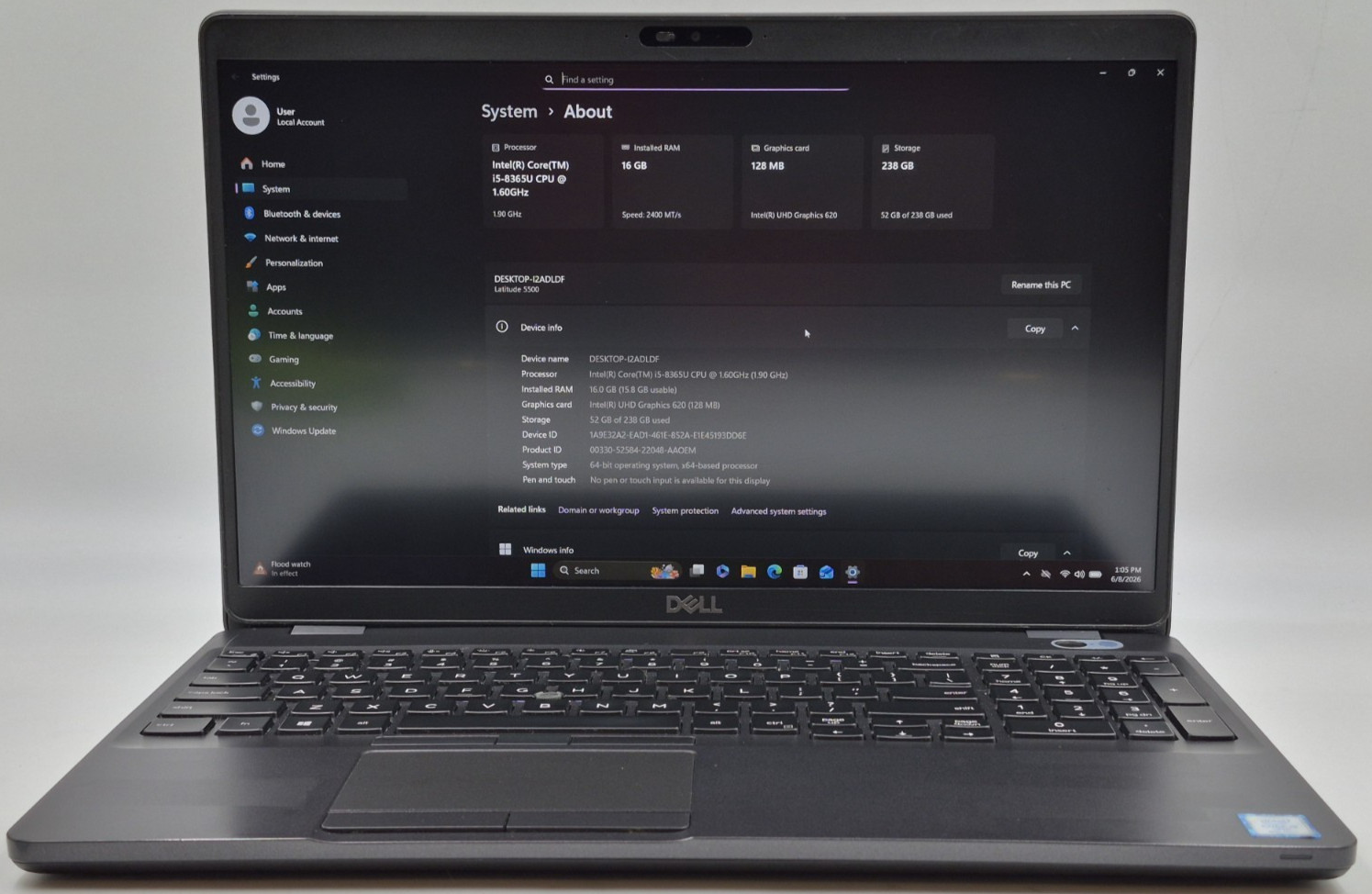 Dell Latitude 5500 Laptop i5-8365U 1.60GHz 16GB RAM 256GB NVMe SSD Win 11 Pro