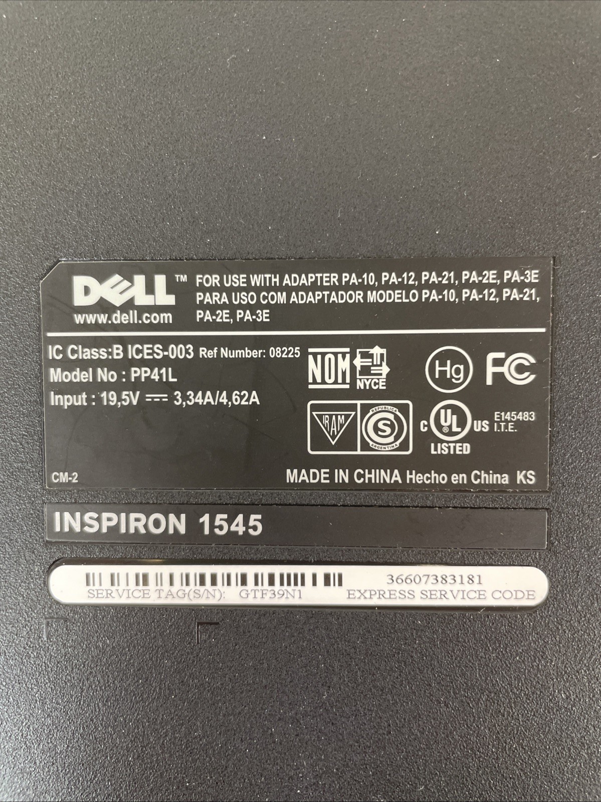 Dell Inspiron 1545 Intel Celeron 900 2.2GHz 4GB RAM 320GB HDD Windows 7