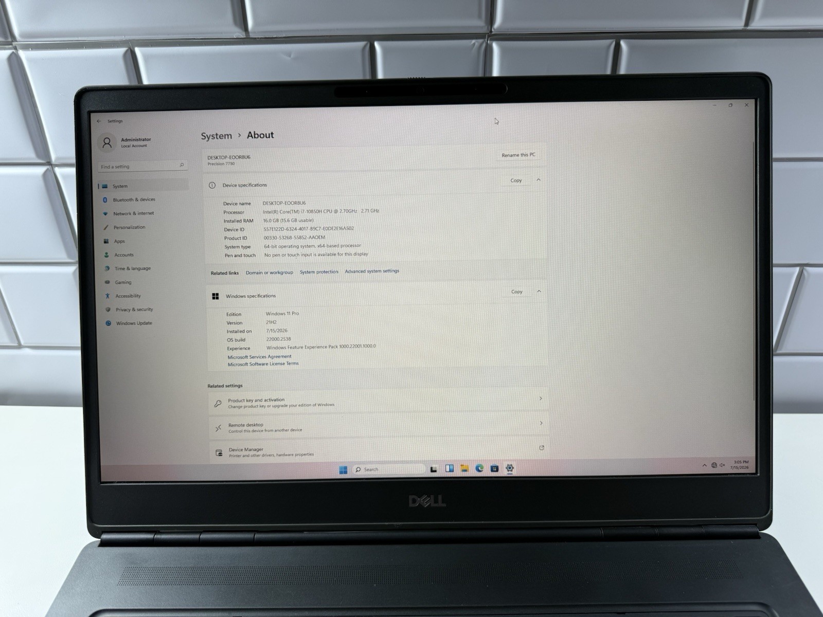 Dell Precision 7750 17.3” I7-10850H 16GB RAM 512GB RTX 3000 Win 11P NO BATTERY