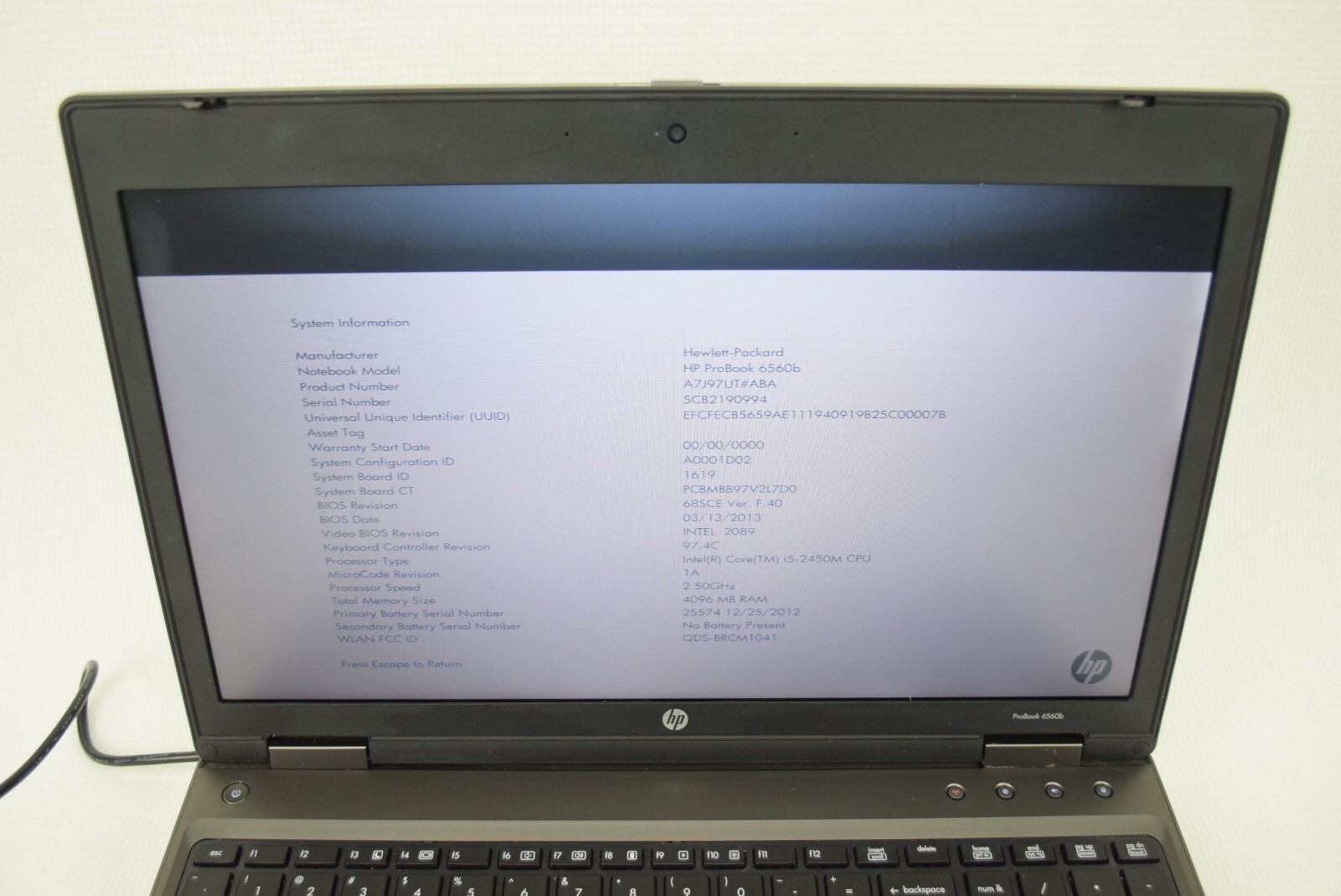 HP 6560b Intel Core i5-2450M 2.50 GHz 4GB Laptop Computer NO HDD NO OS